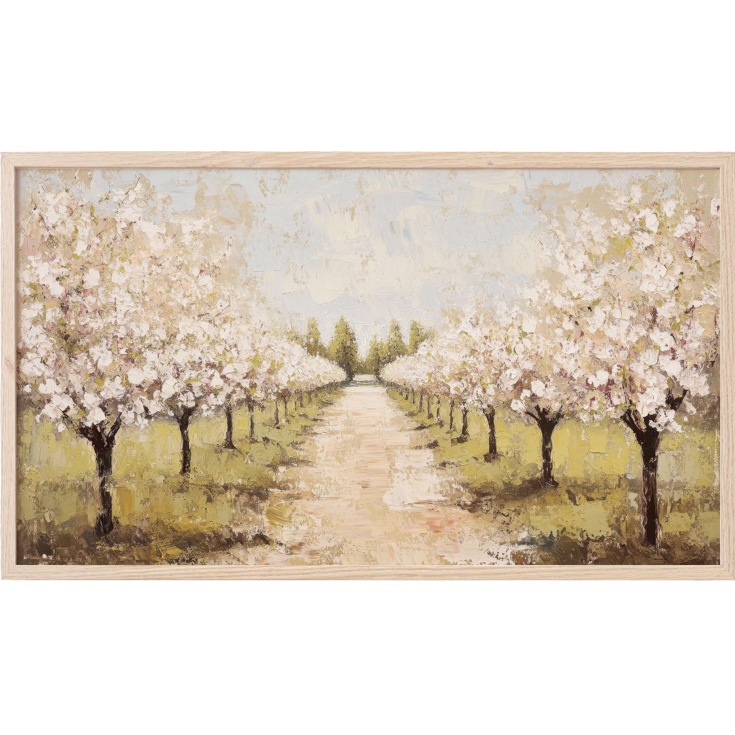 Softly textured orchard pathway with delicate blossoms in pale pinks and greens, ideal tree Frame TV Art
