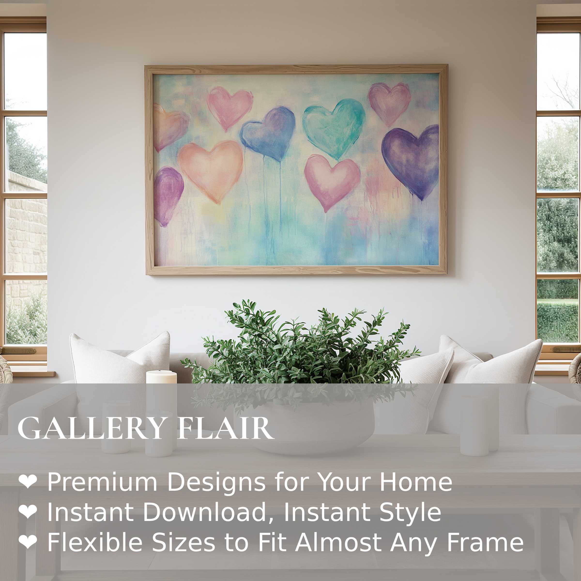 Soft pastel hearts nursery wall art print radiates calming joy, enhancing serene modern living spaces with whimsical charm