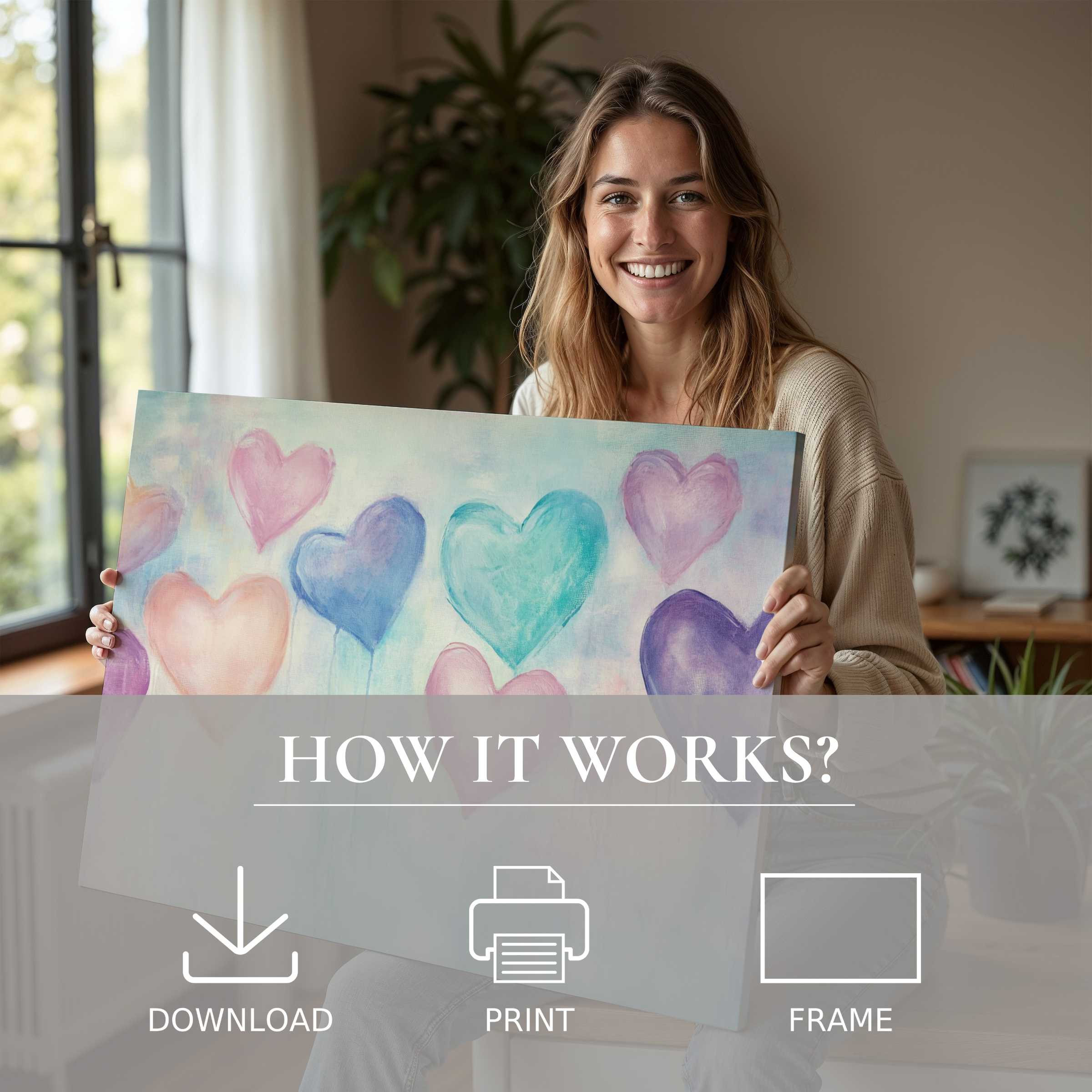 A radiant moment of connection and joy as a woman reveals a pastel-toned nursery digital art print, embodying serene ease and modern elegance in home decor