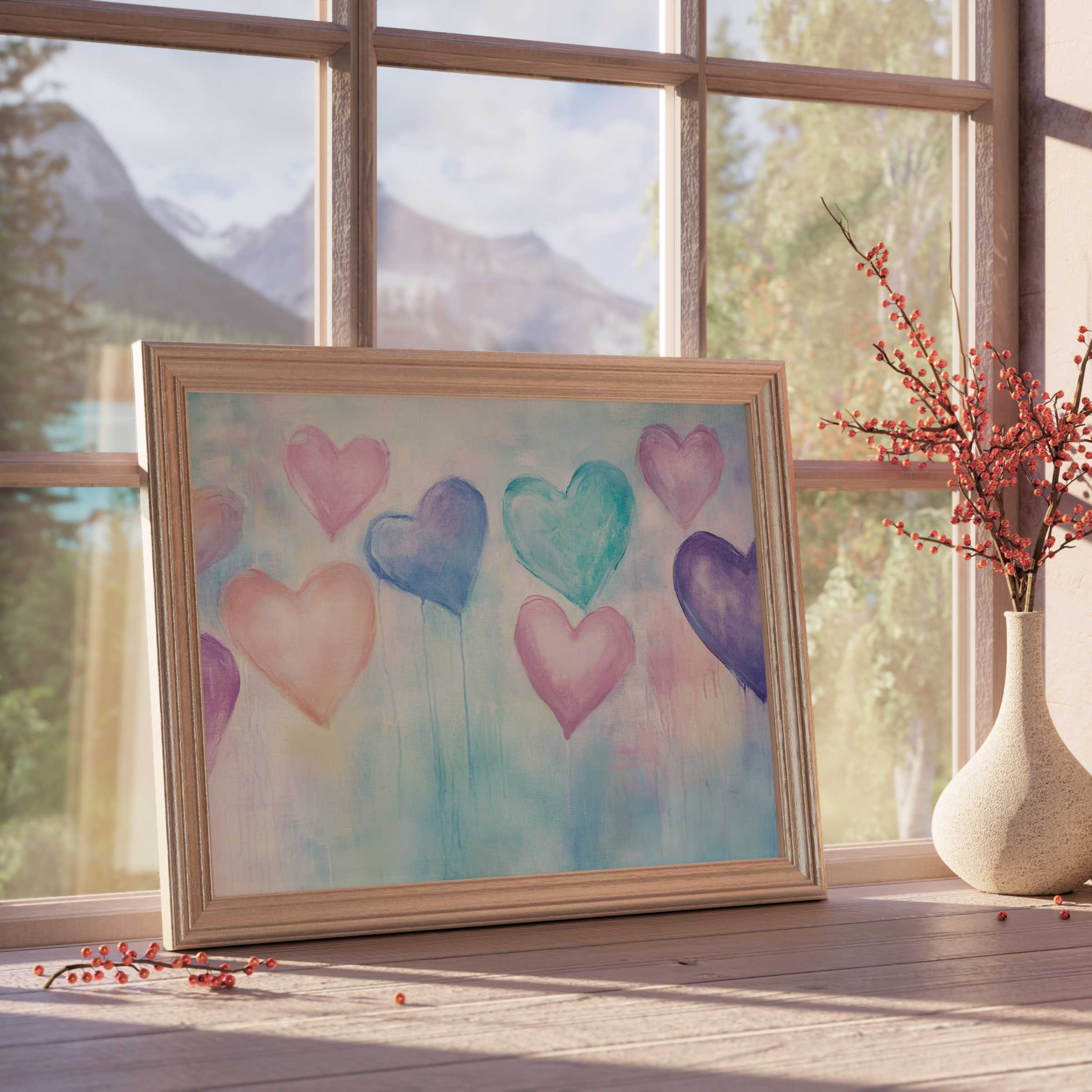 Nursery downloadable art featuring dreamy pastel hearts, enriching serene, stylish interiors with warm, calming vibes
