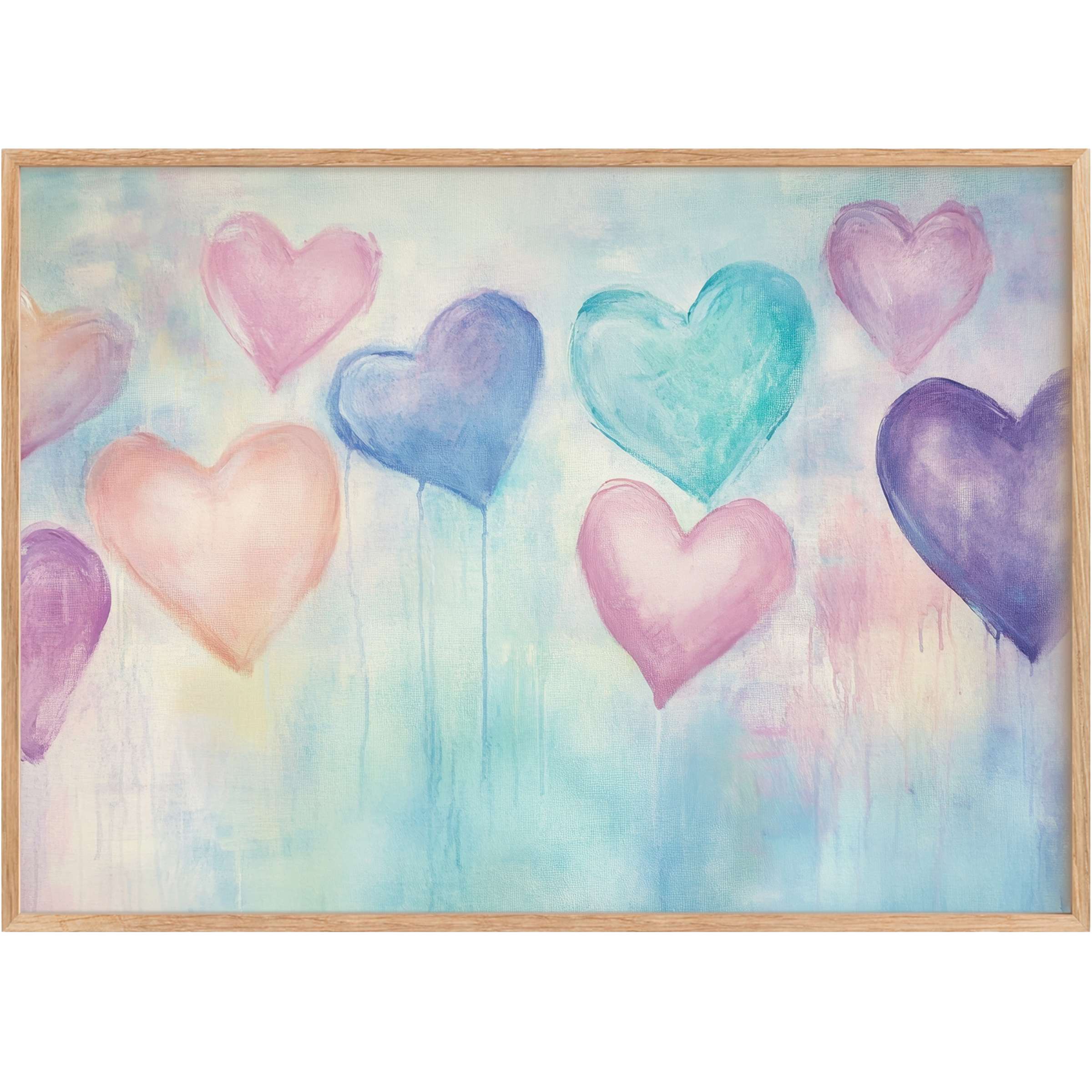 Soft pastel hearts in blush, lavender, and aqua drift gently, creating a calming, dreamy ambiance for nursery printable wall art