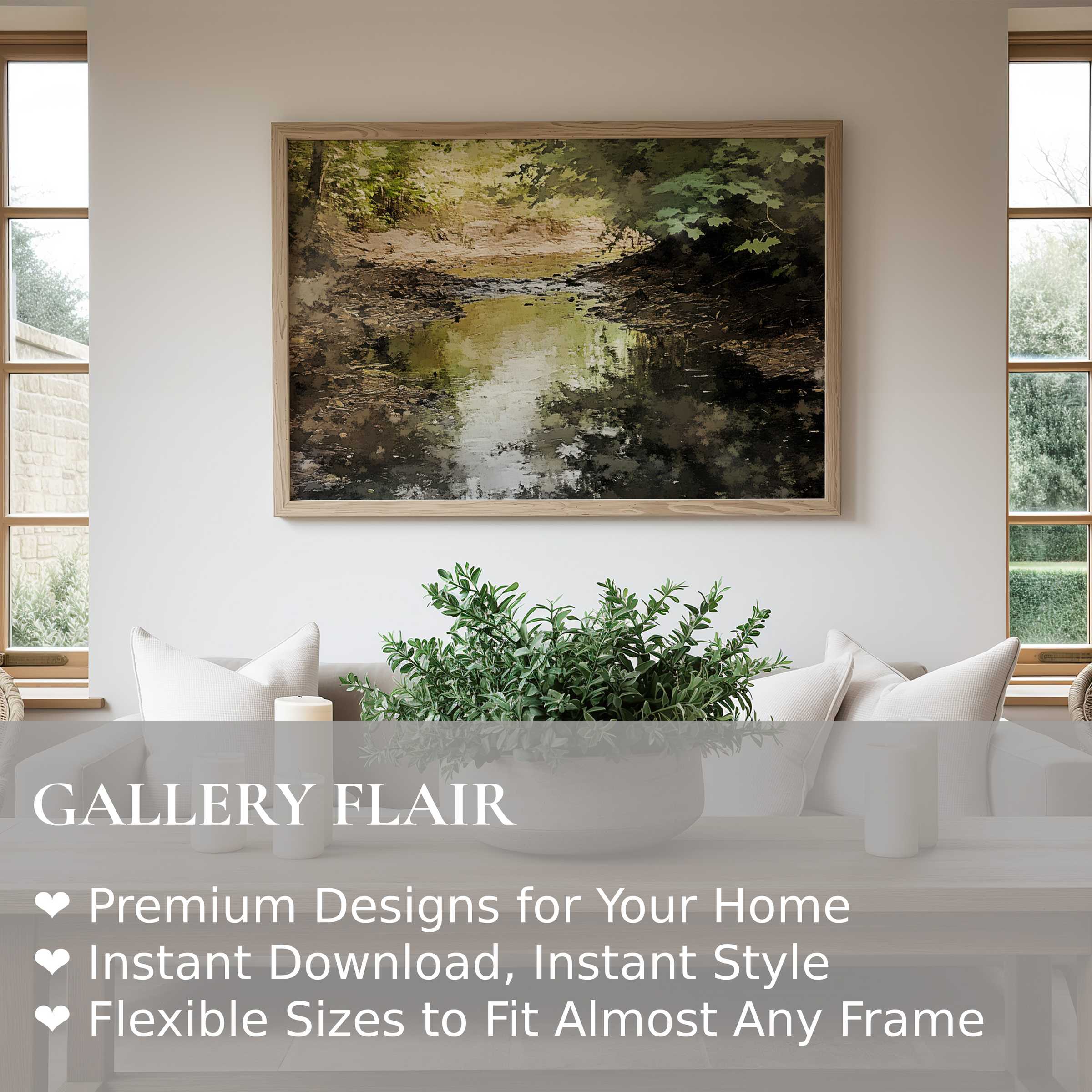 Vintage wall art print depicting a serene woodland creek with soft, natural tones enhancing a modern, minimalist living space