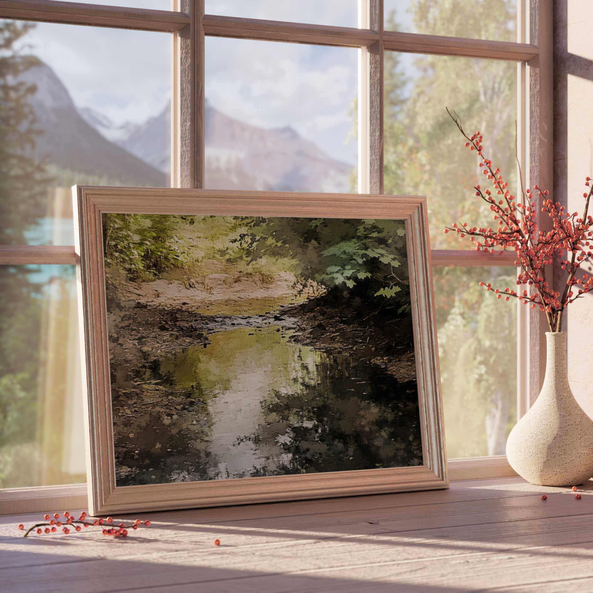 Vintage downloadable art capturing a serene forest creek landscape, infusing tranquil warmth into curated, design-forward interiors