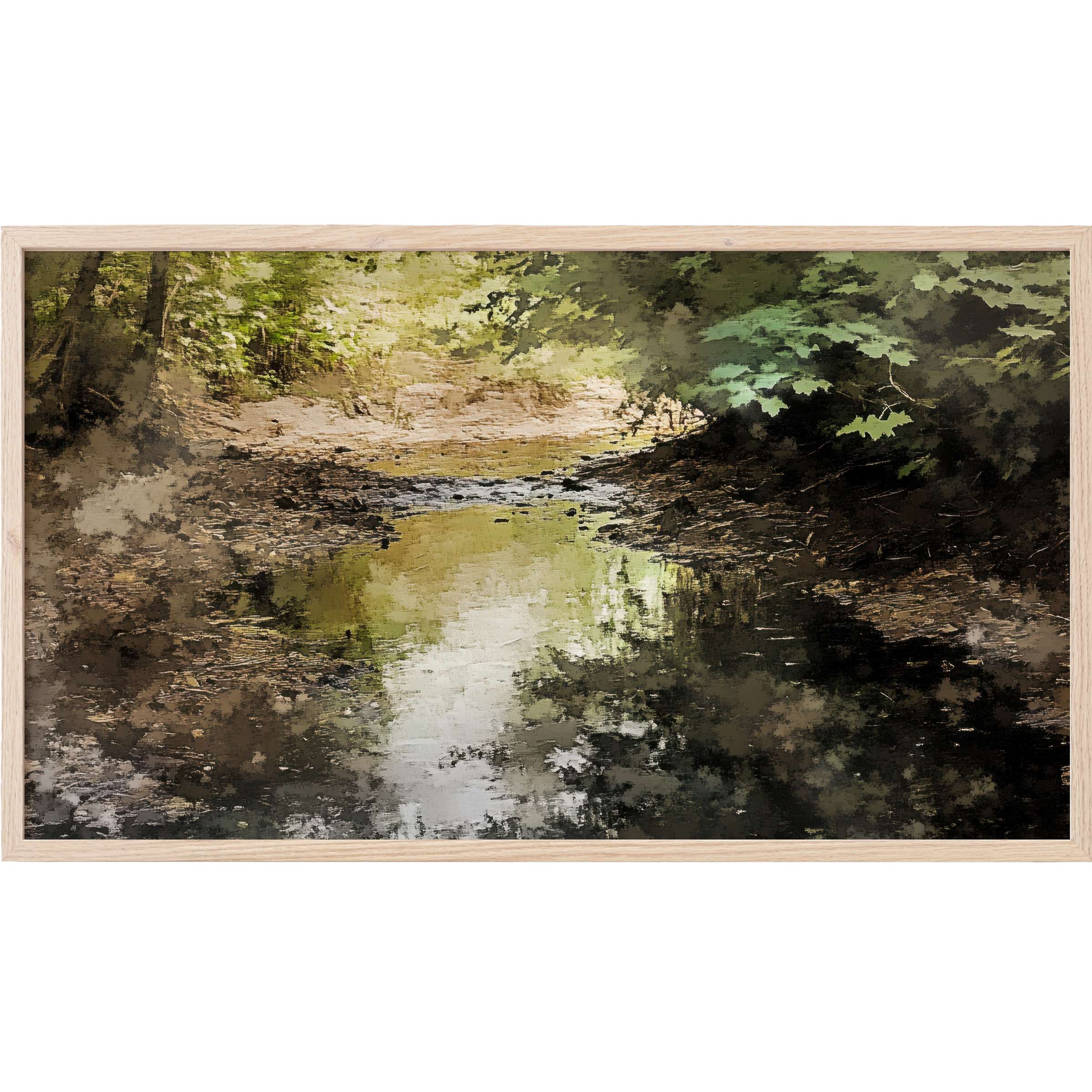 Vintage Frame TV Art: serene woodland stream in earthy greens and browns, rendered in a textured, painterly style