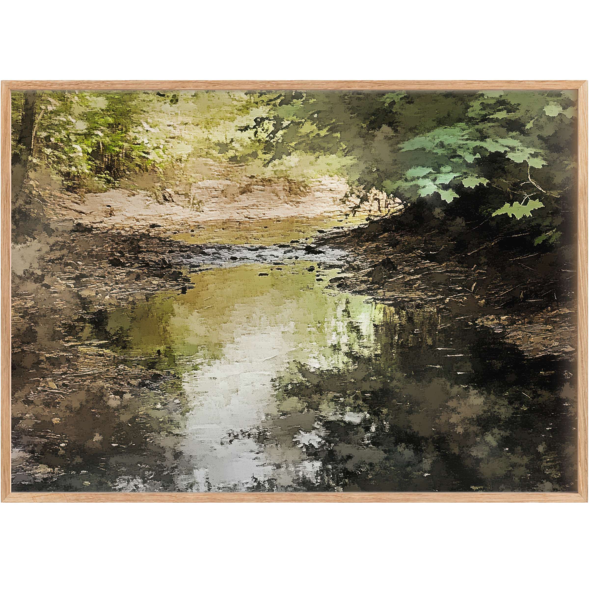 Vintage printable wall art capturing a tranquil forest stream in soft greens and earthy browns, evoking serene, timeless elegance