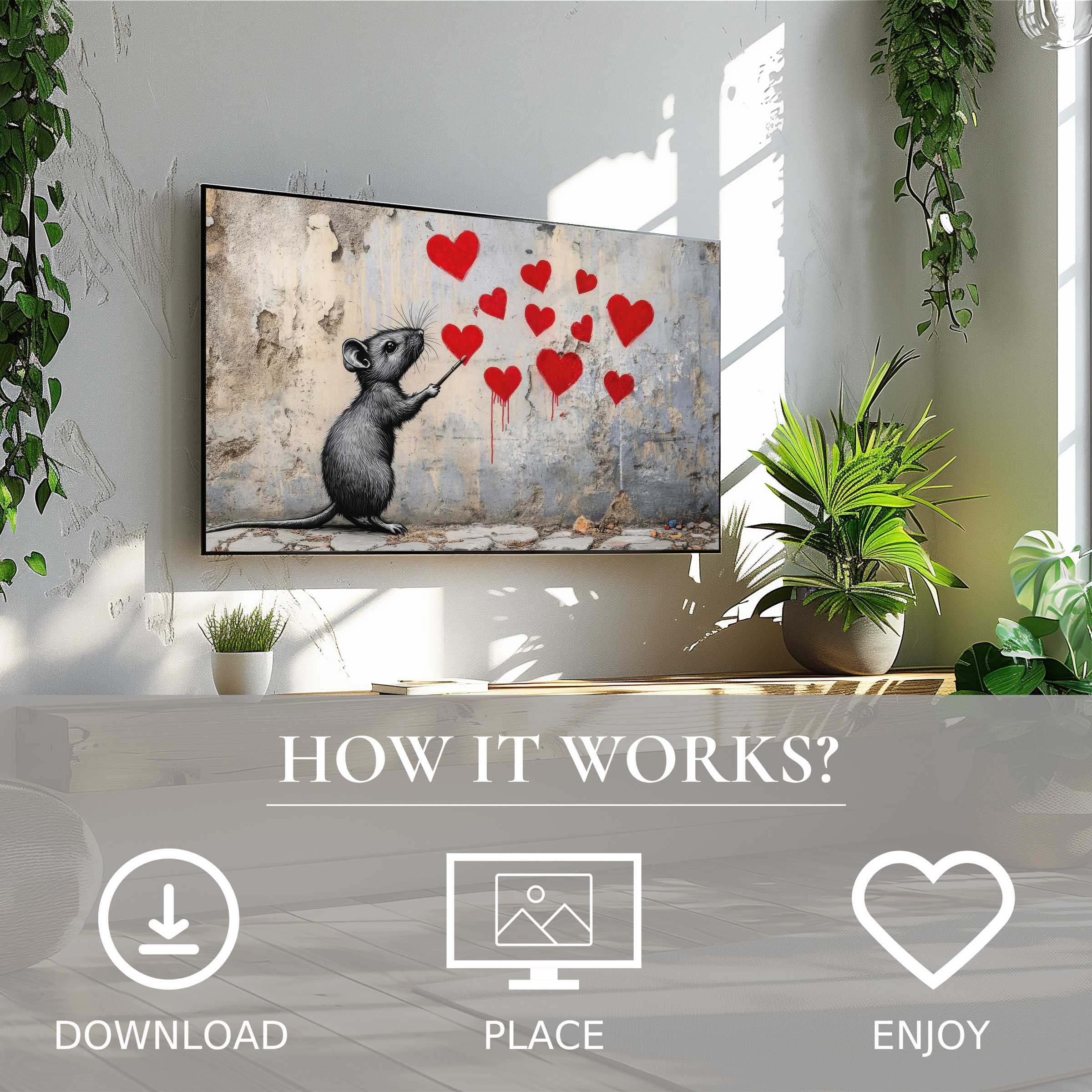 Street art for Samsung TV shows a charming rat with red hearts, easy digital download to enrich your living space