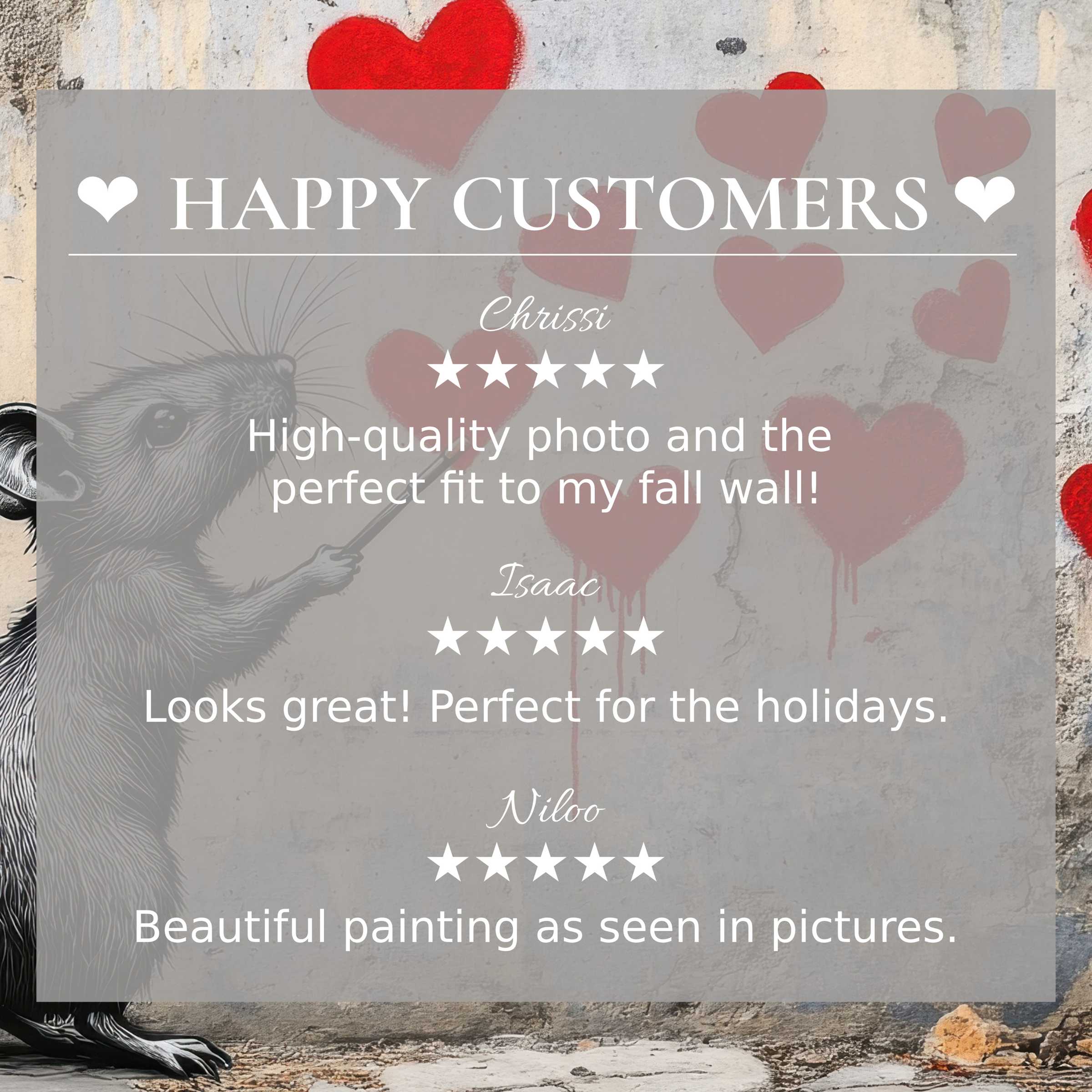 Street art for Frame TV with red heart graffiti, happy customer reviews build trust and highlight elegant style