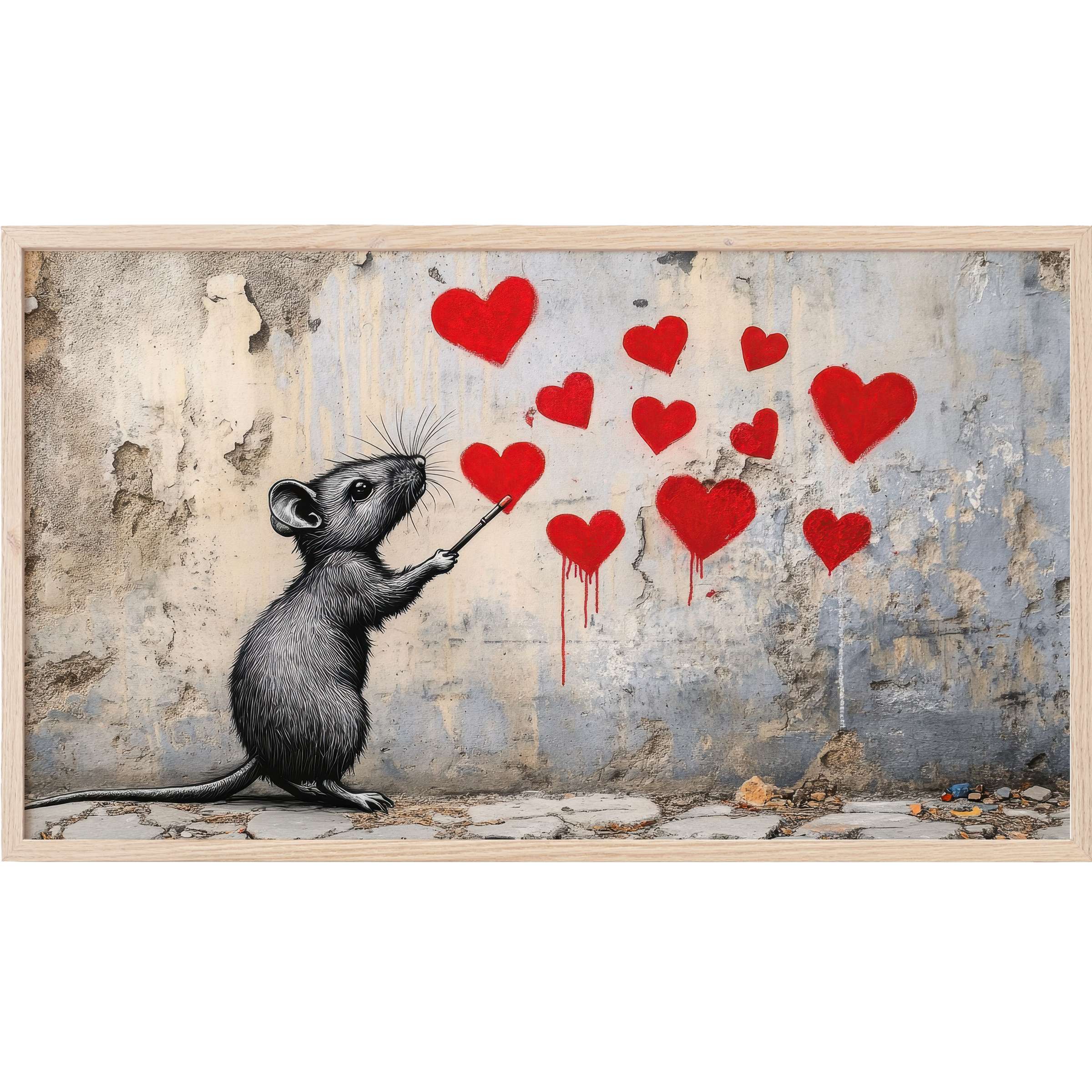 Street art Frame TV Art with a detailed black rat painting vivid red hearts on a textured, urban gray wall