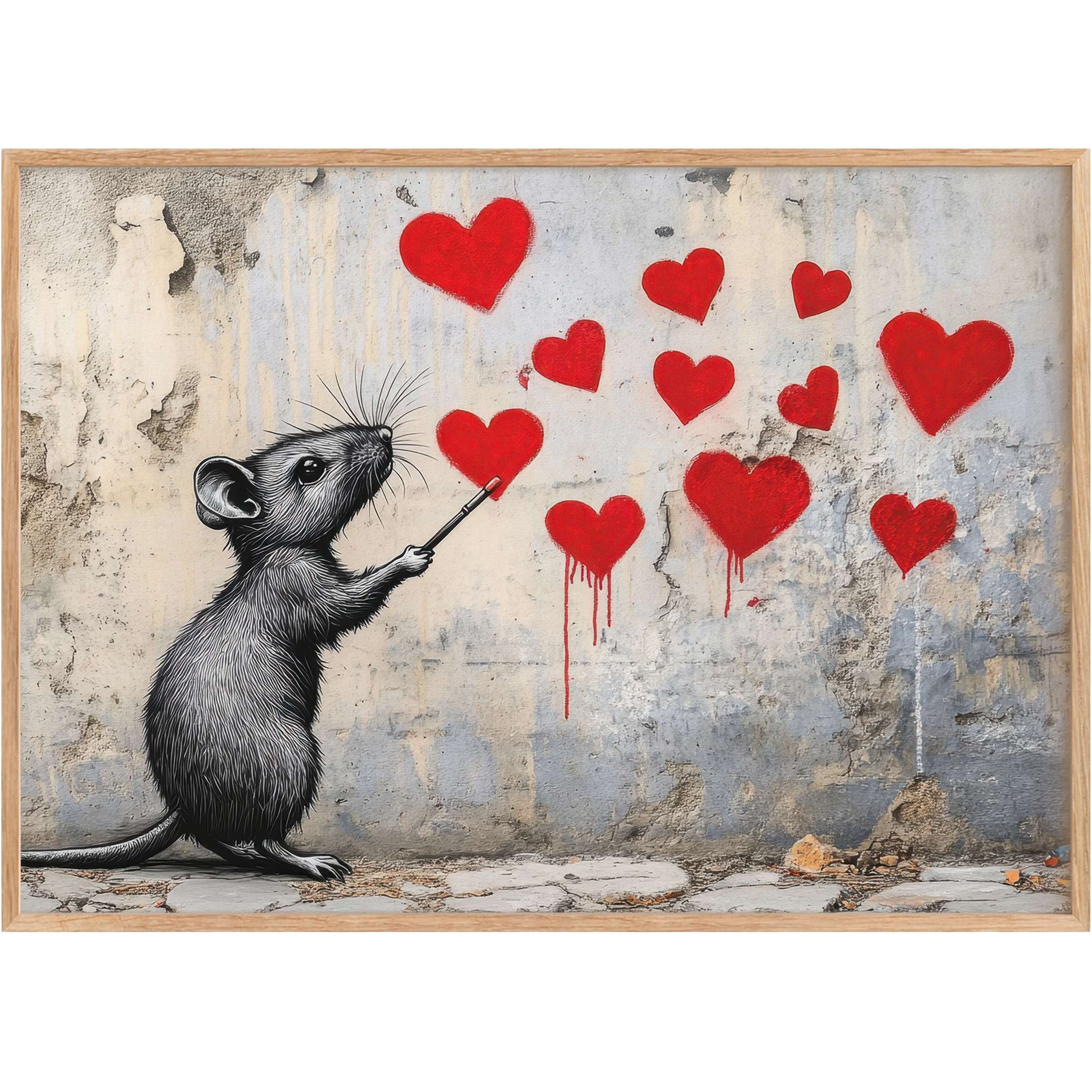 Charming street art printable wall art featuring a whimsical mouse painting vibrant red hearts, adding bold warmth and playful romance