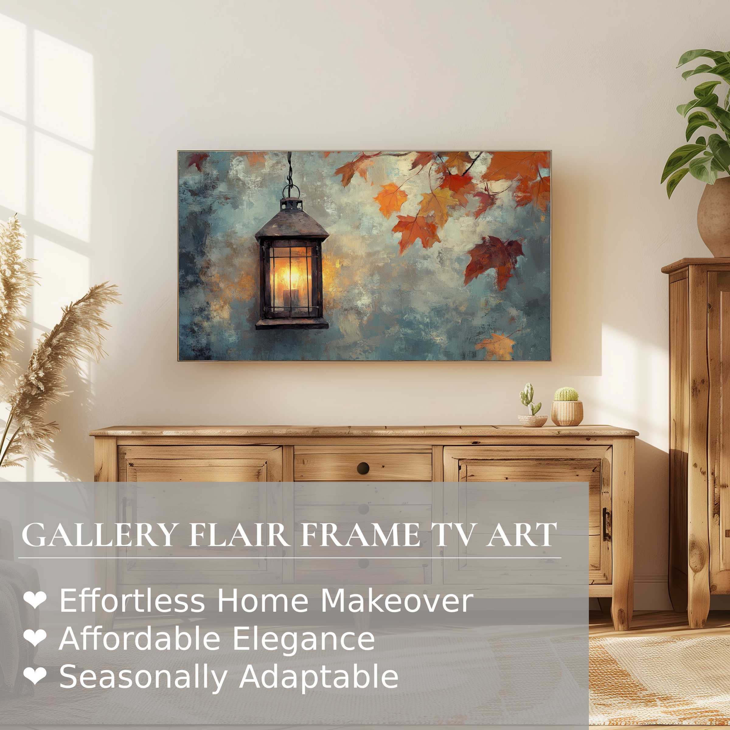 Samsung Frame TV displaying elegant farmhouse digital artwork with autumn leaves and a warm lantern glow