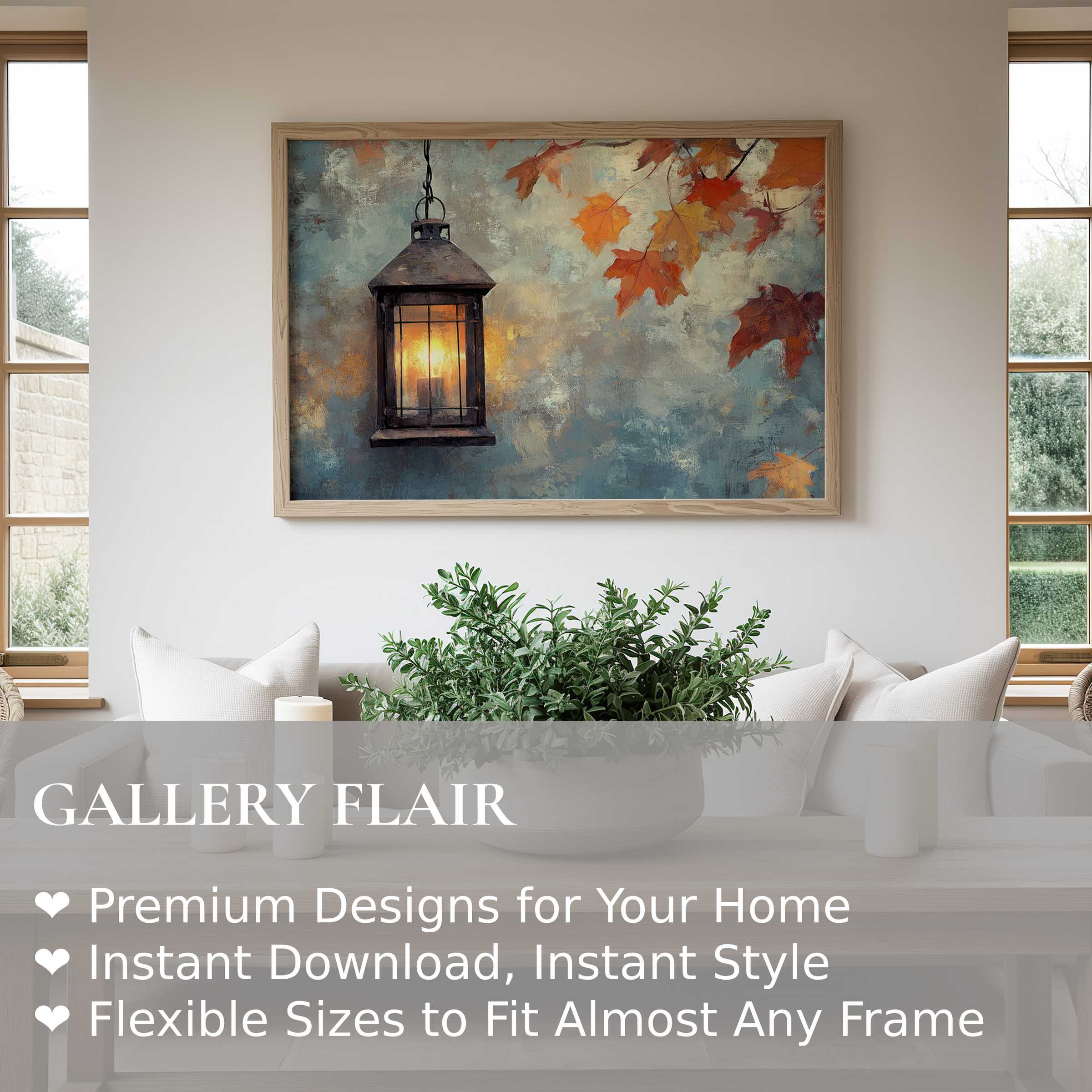 Farmhouse wall art print with glowing lantern and autumn leaves, radiating warm, calming charm in a modern rustic living space