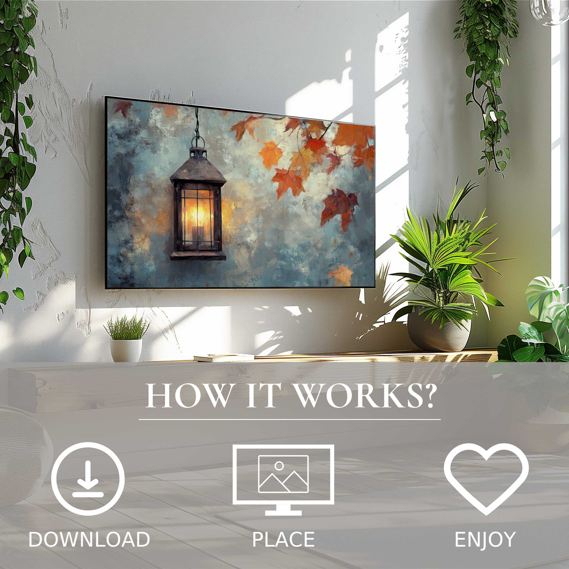 Farmhouse art for Samsung TV with warm lantern and autumn leaves; easy digital download enhances cozy living spaces