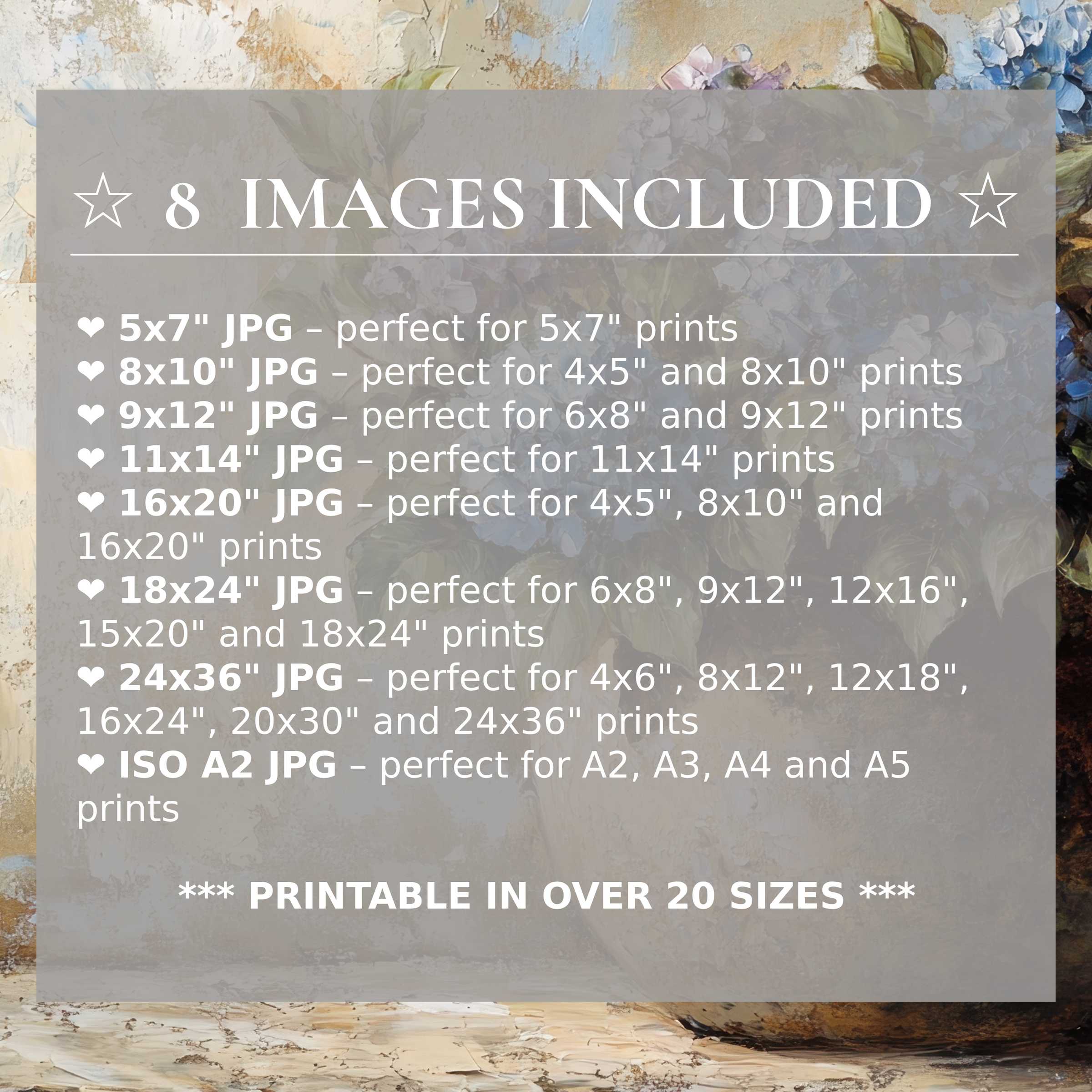 Floral digital print showcasing radiant blues and soft neutrals, offered in 8 high-quality sizes included for seamless modern interior styling