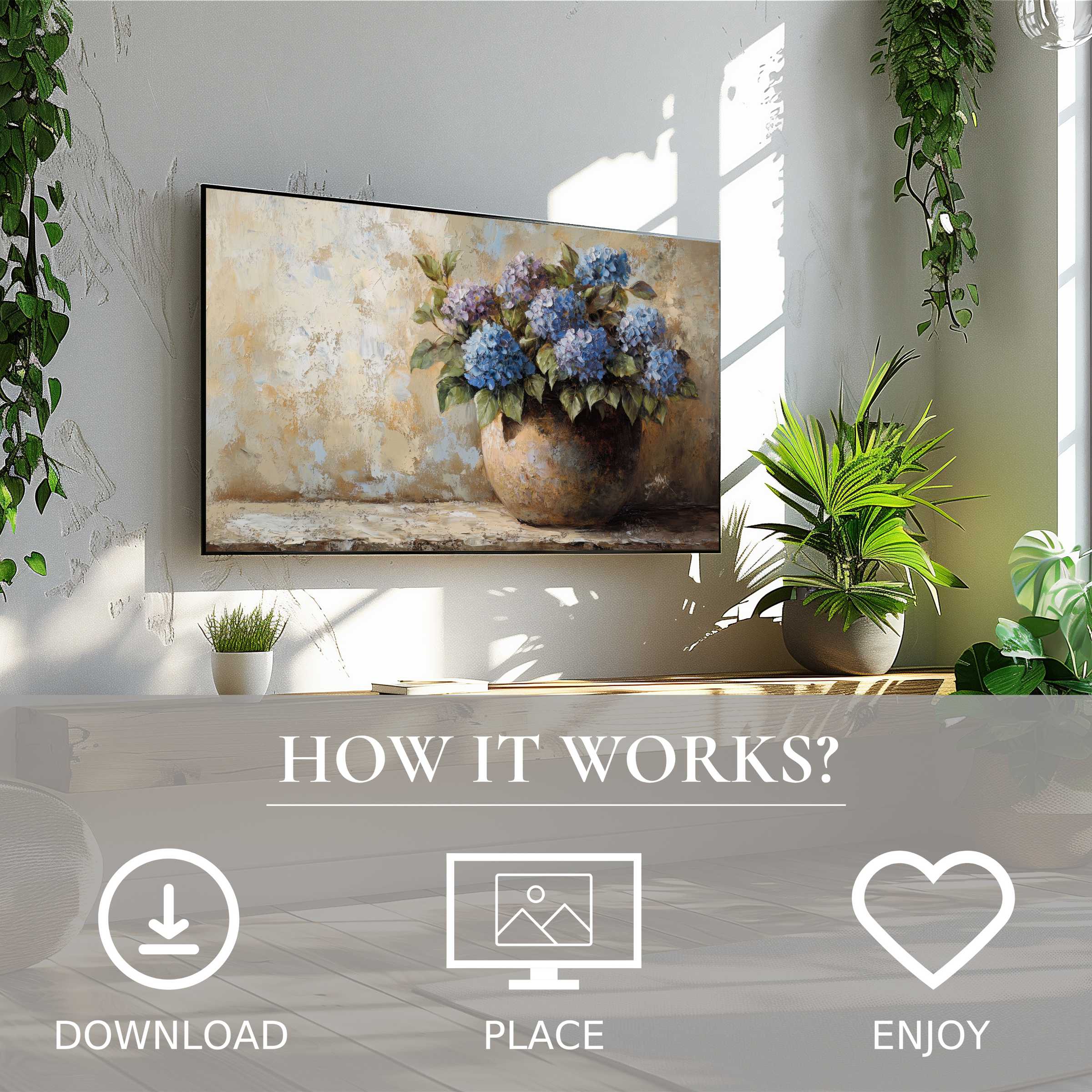 Floral art for Samsung TV showing soft blue hydrangeas in earth tones; easy digital download elevates any modern space