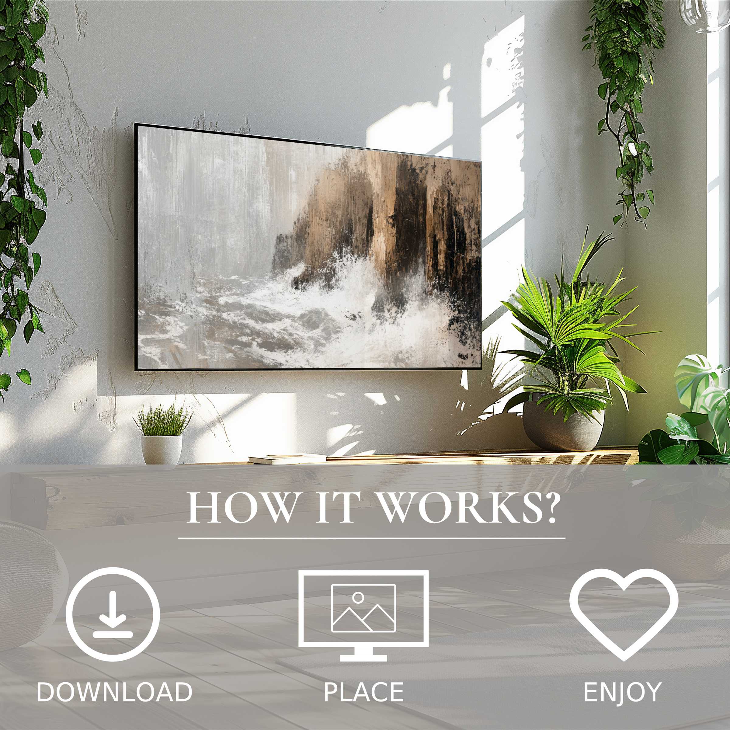 Coastal art for Samsung TV showing soft wave crashes in muted tones, easily downloadable to enhance modern living rooms