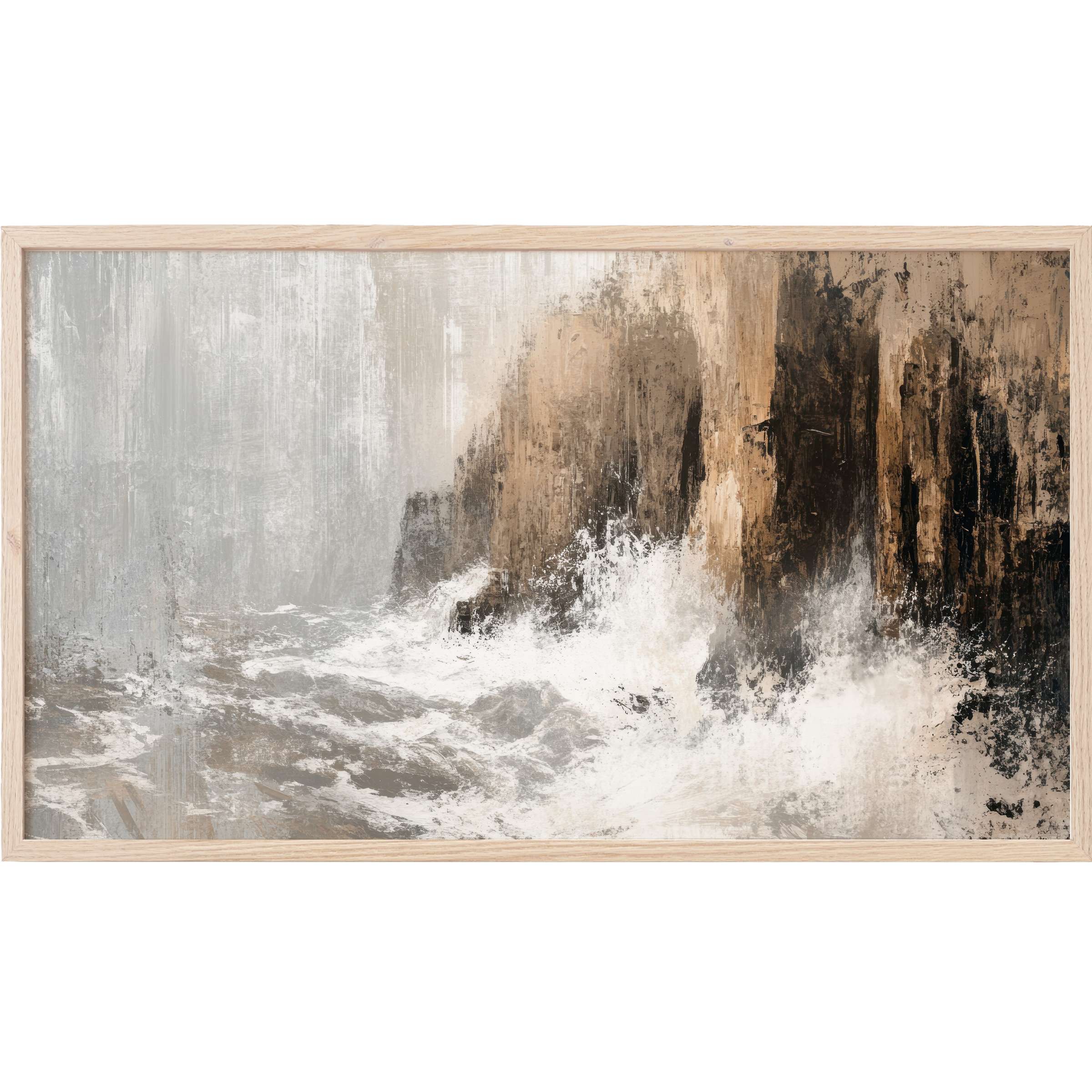 Coastal Frame TV Art depicting textured cliffs and crashing waves in muted earth tones with a modern, serene style