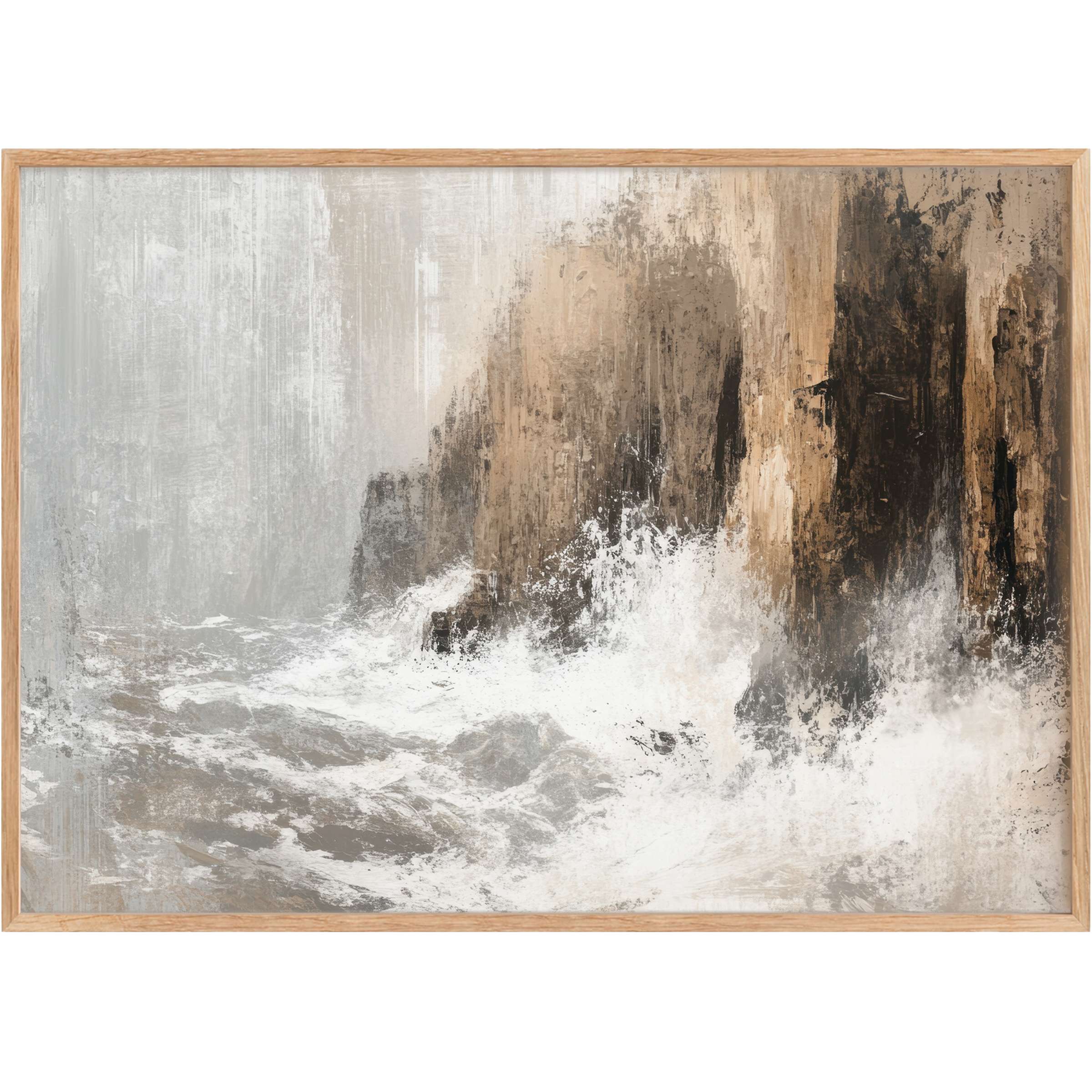 Coastal printable wall art captures raw ocean waves crashing amber cliffs, evoking a radiant, tranquil seaside ambiance