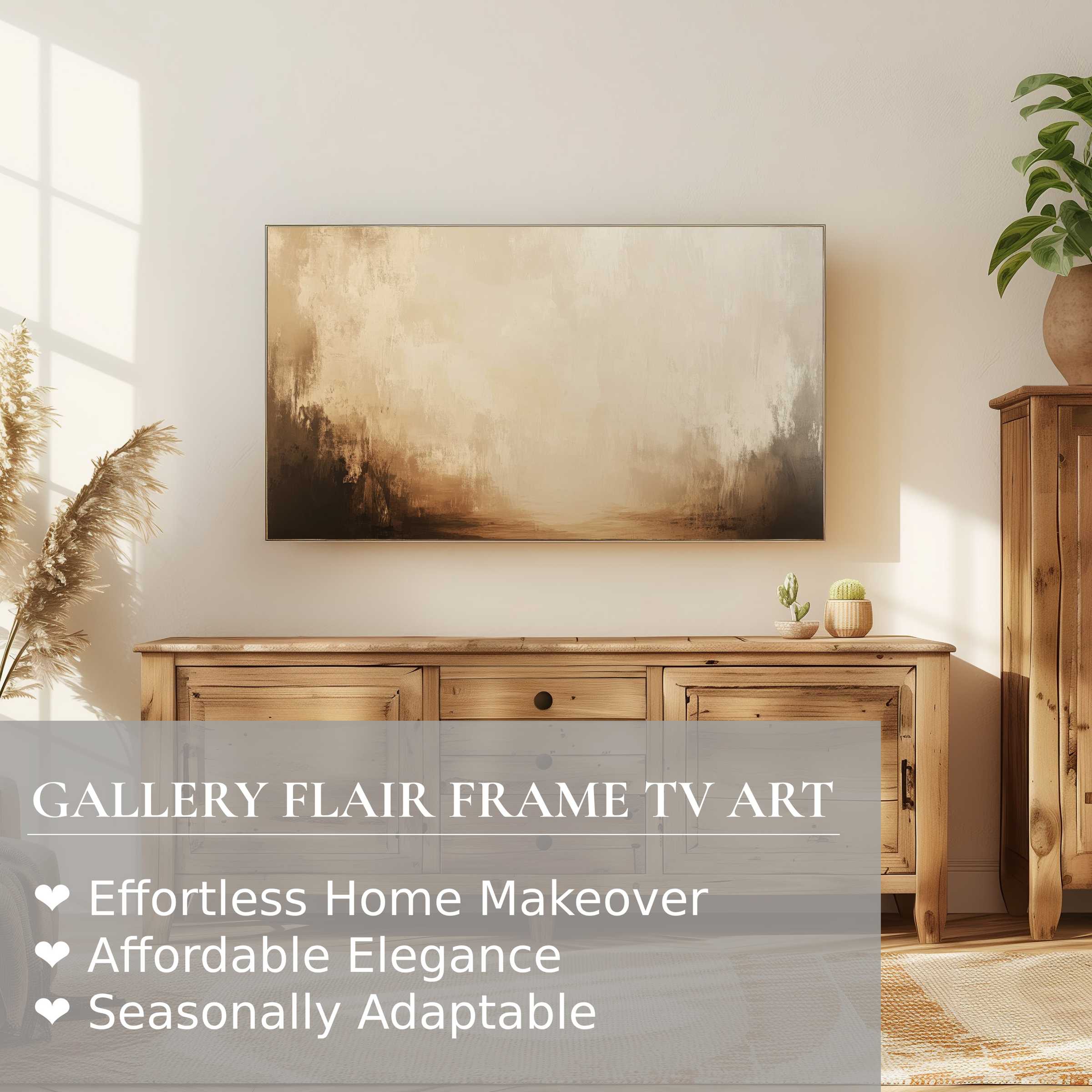 Samsung Frame TV displays serene, muted landscape digital artwork in a warm, modern, nature-inspired living space