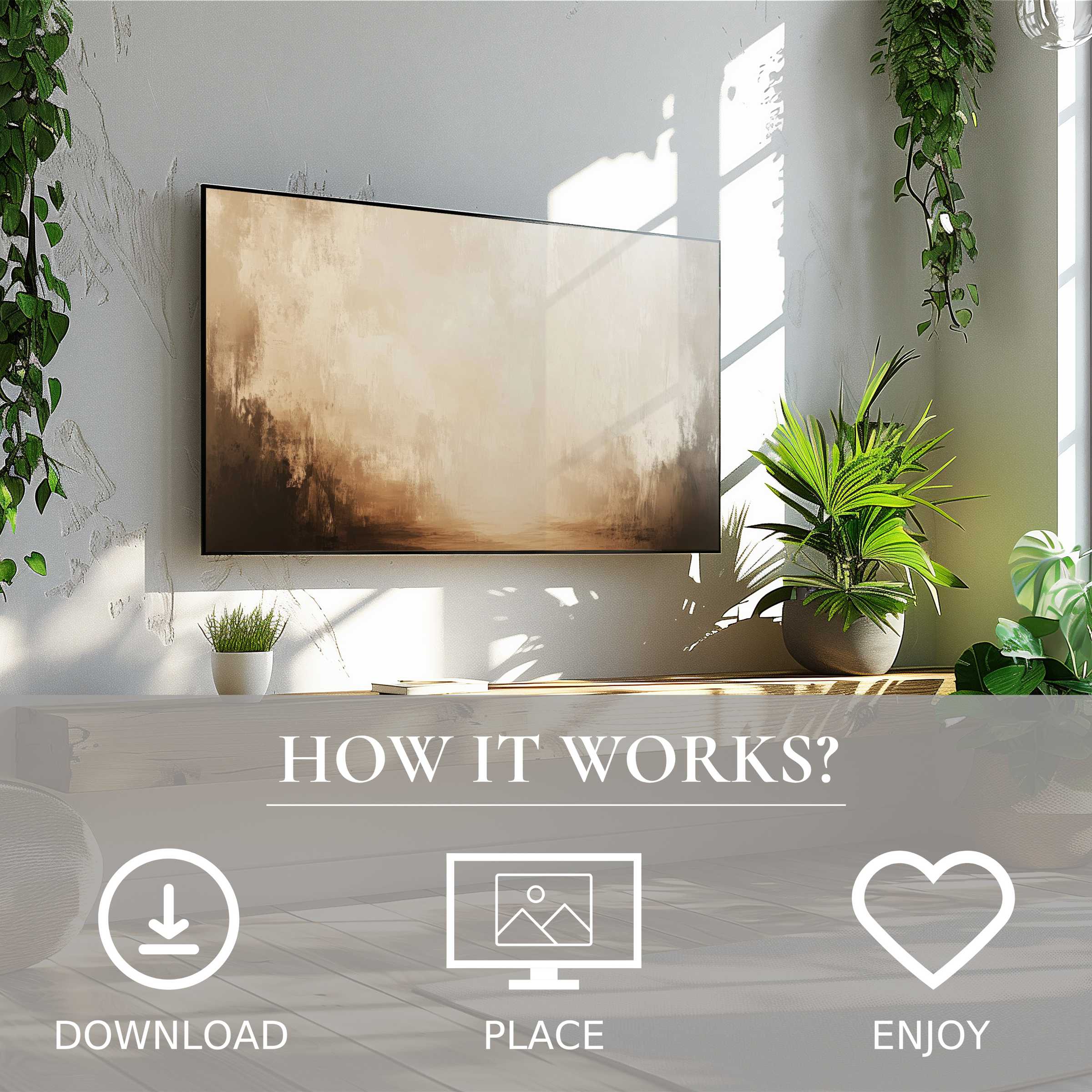 Modern living room with green plants, featuring landscape art for Samsung TV in soft sunset tones, easy digital download