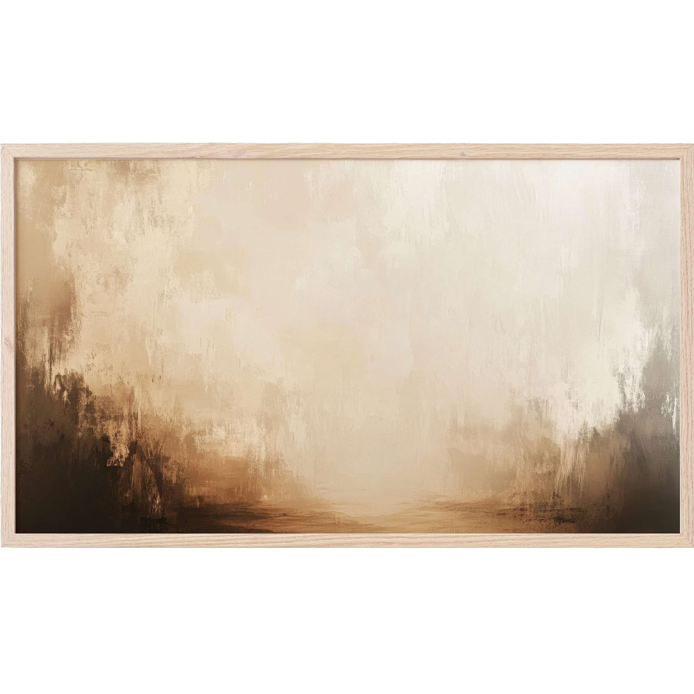 Serene abstract landscape in warm beige and brown tones with a minimalist wood frame, landscape Frame TV Art