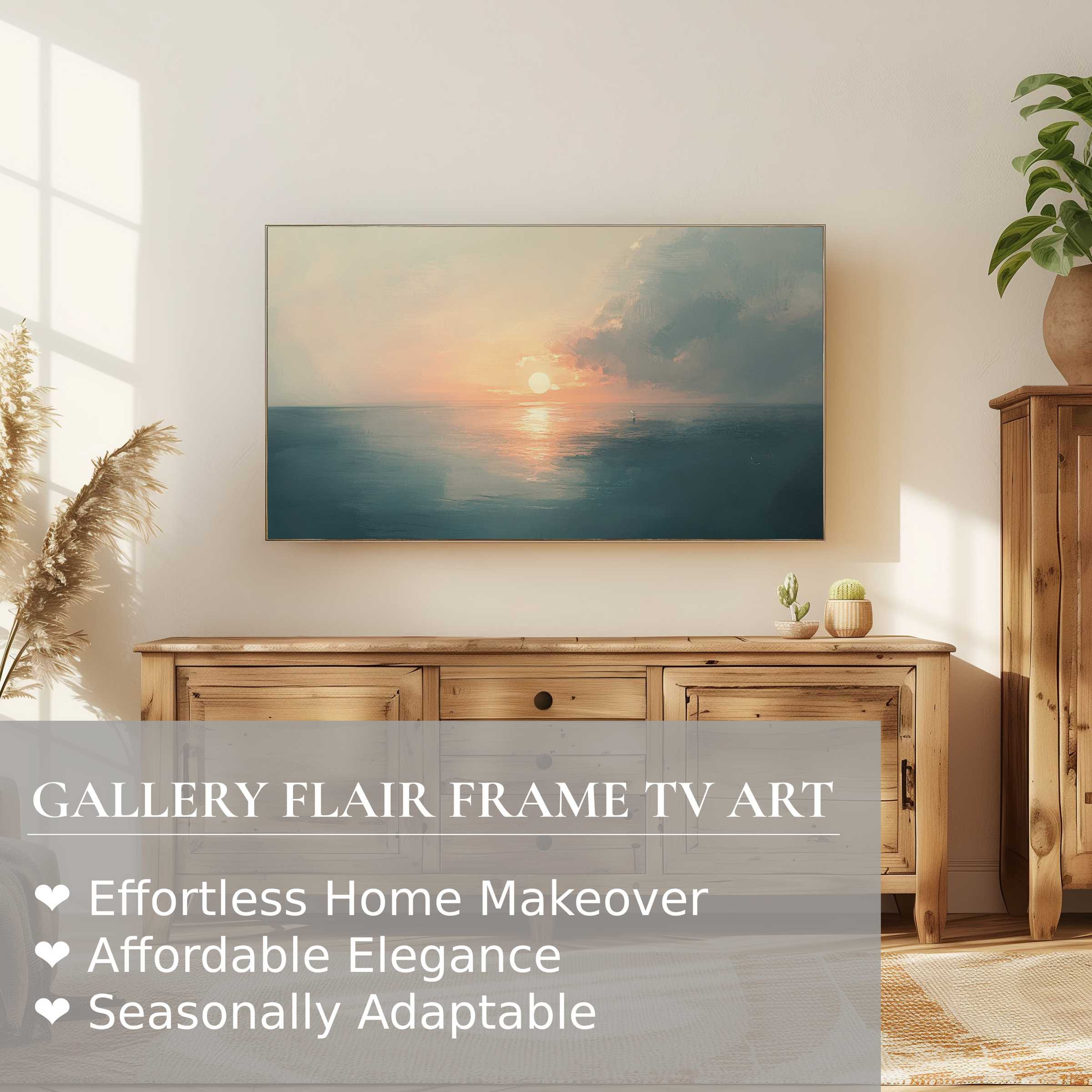 Samsung Frame TV displays serene summer digital artwork of a tranquil sunset, elevating modern, refined home decor