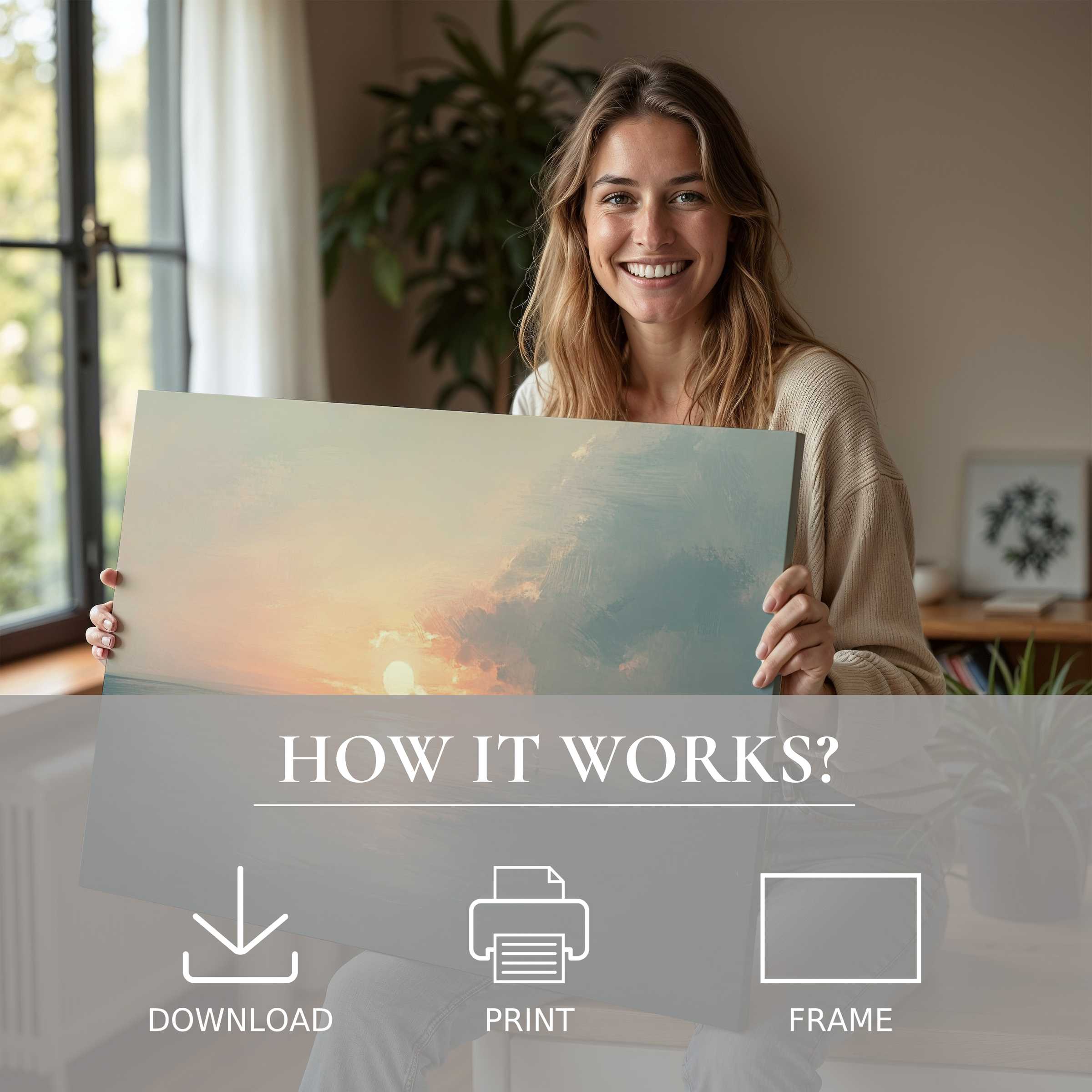 A joyful moment in a sunlit modern living room capturing the serene beauty of a summer digital art print, enriching the space with effortless elegance and warm connection