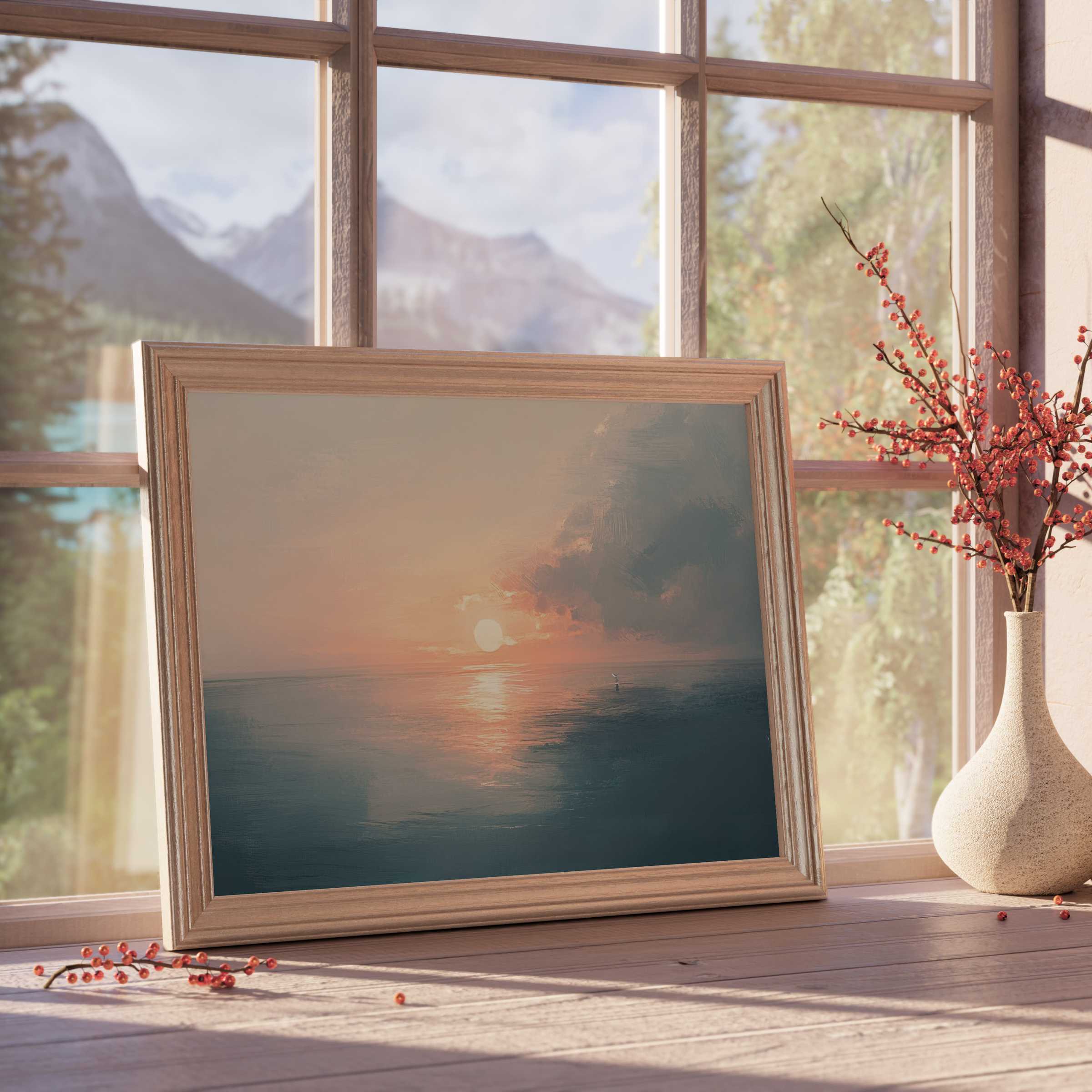 Summer downloadable art capturing a serene sunset over calm waters, enhancing tranquil, design-forward interiors with warm elegance