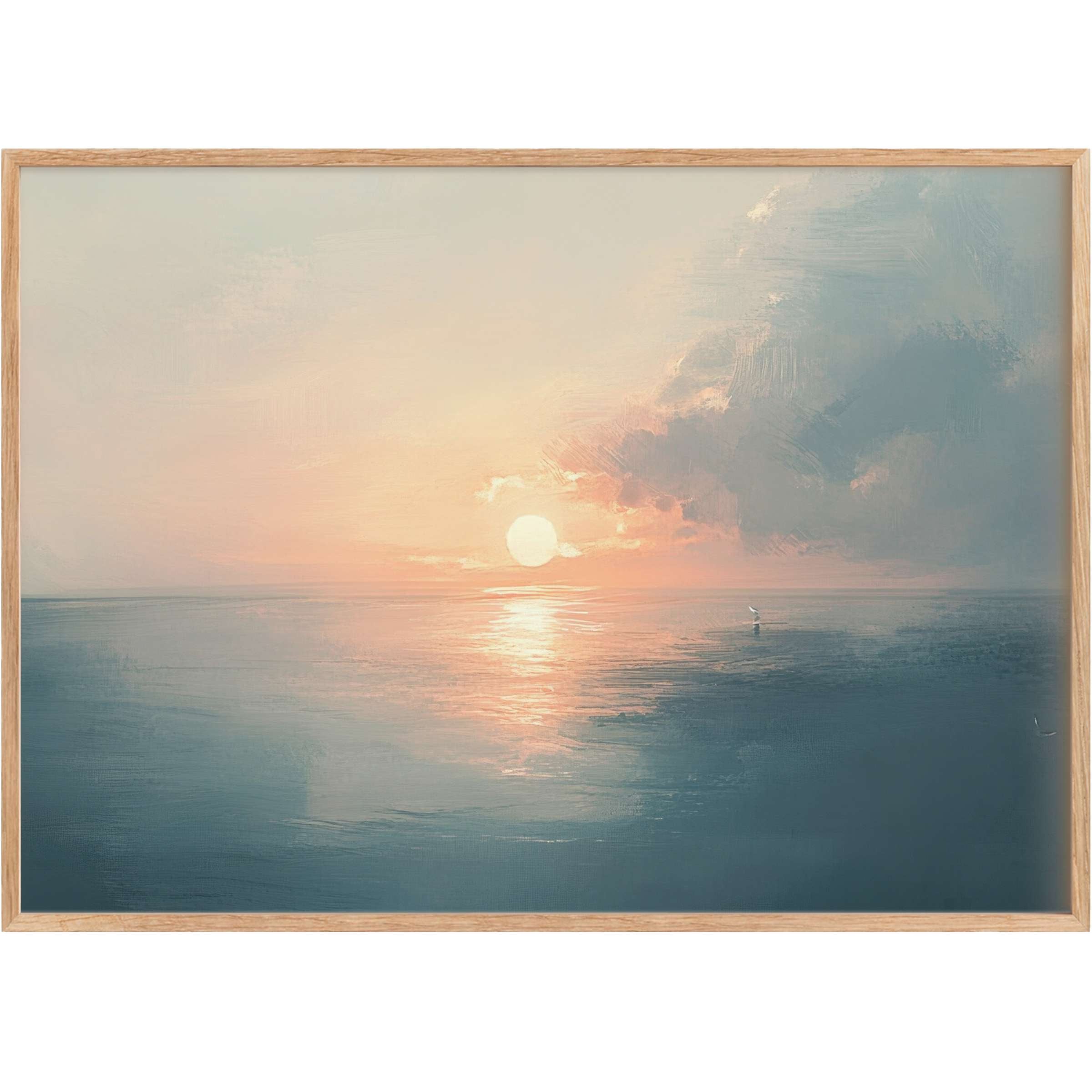 Serene summer printable wall art capturing a radiant golden sunset over calm blue waters, evoking peaceful, uplifting tranquility