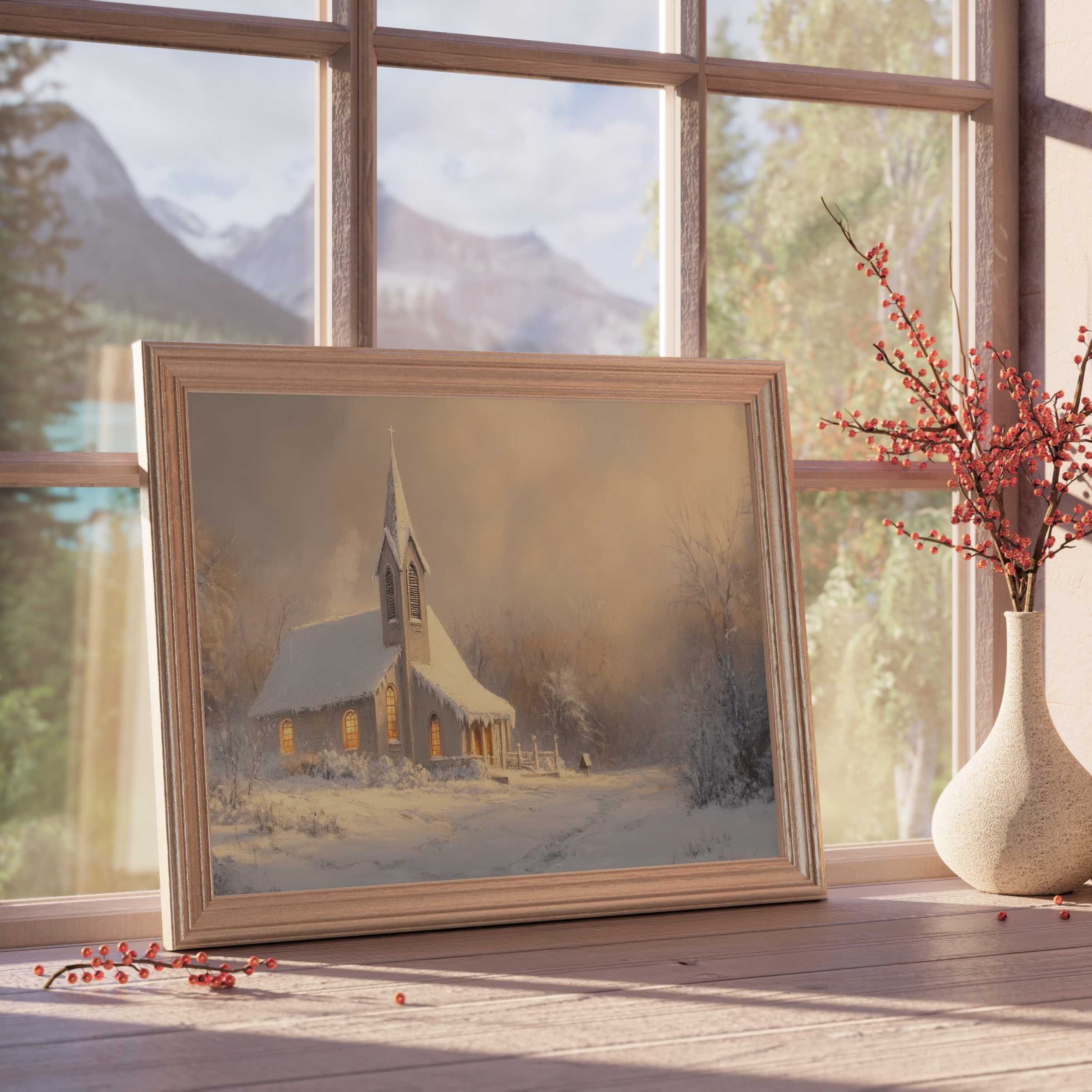 Christmas downloadable art capturing a serene snow-covered chapel aglow with warm light, perfect for curated, tranquil interiors