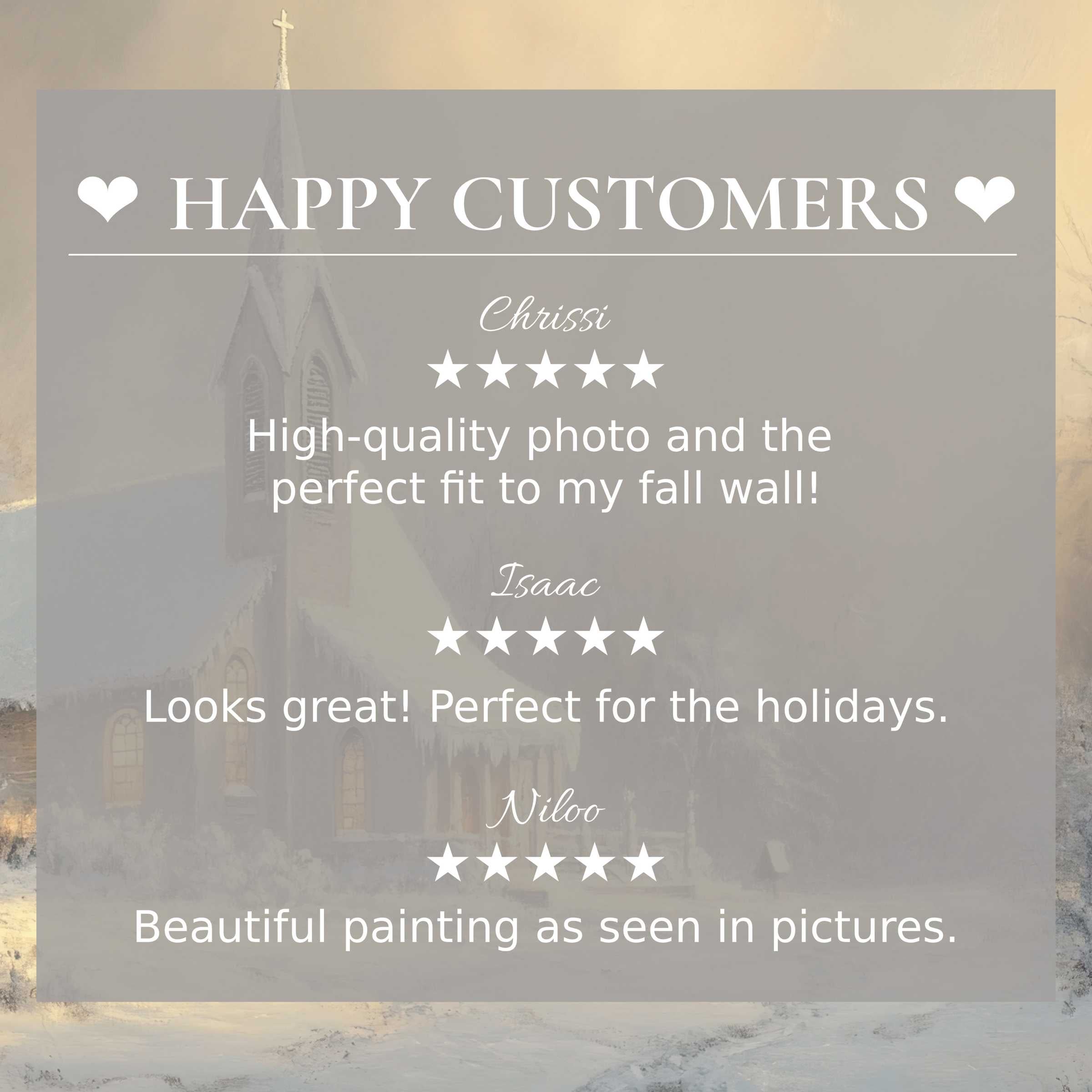christmas art for Frame TV with abstract sunset hues, showcasing happy customer trust and elegant review layout
