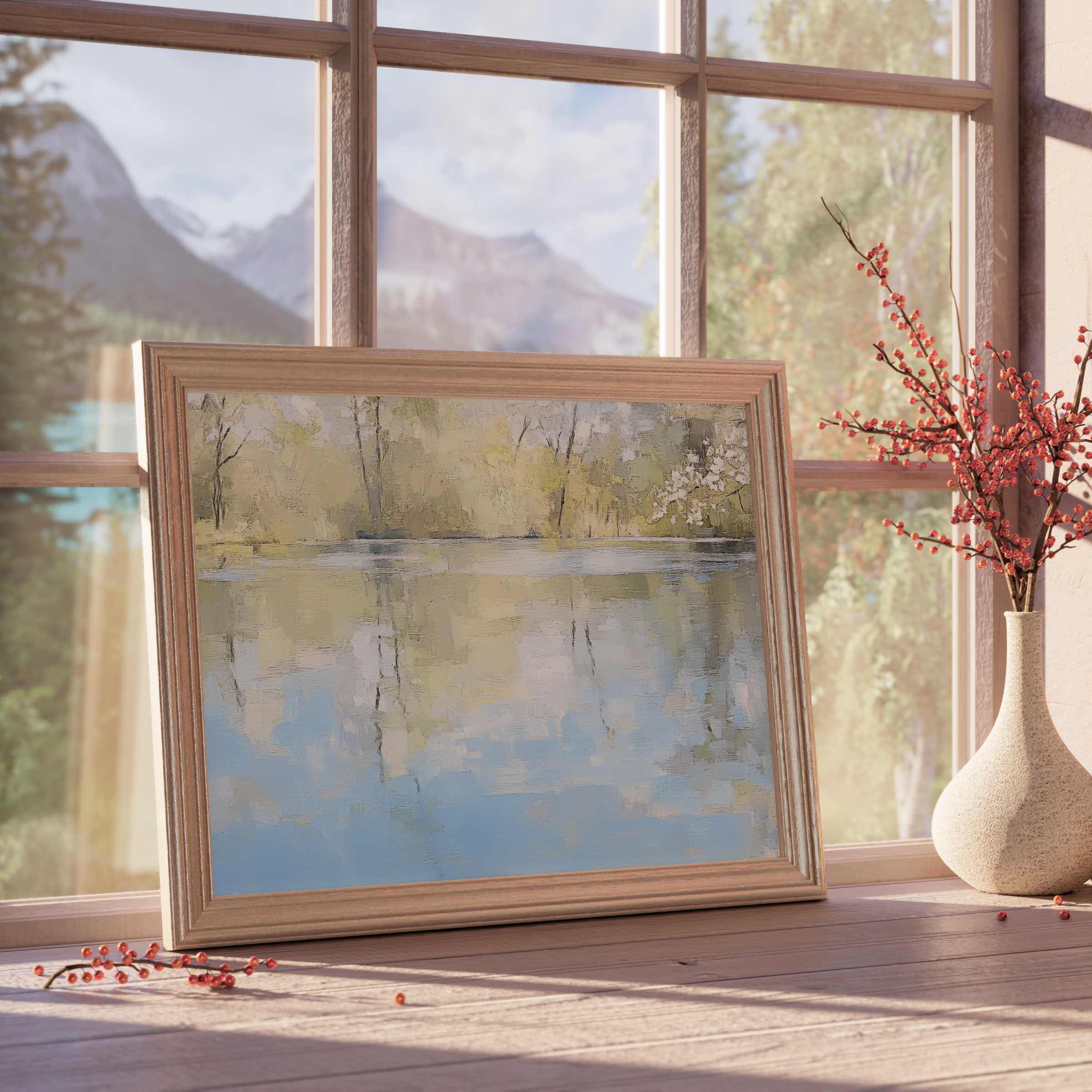 Serene spring downloadable art capturing tranquil lake reflections and soft pastels, perfect for elegant, nature-inspired interiors