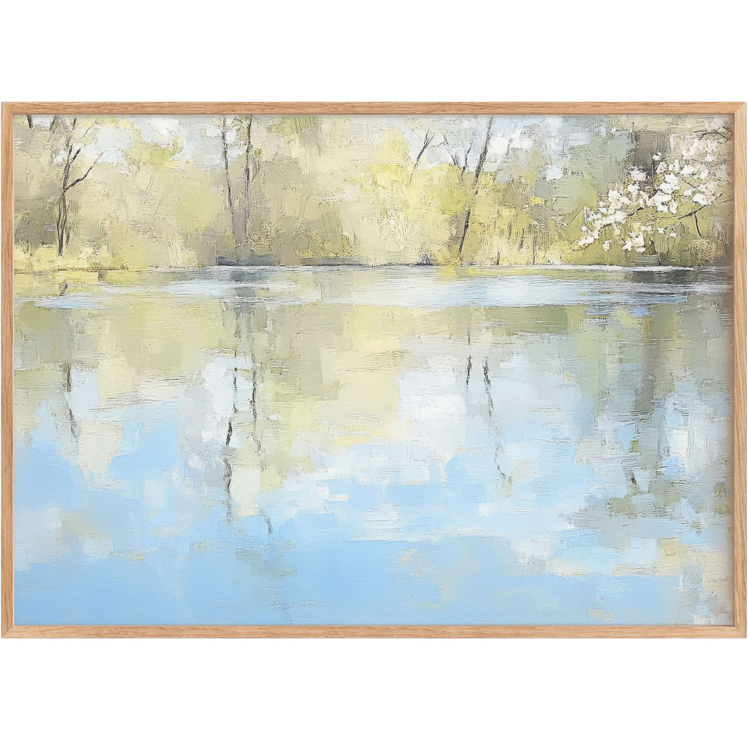 Spring printable wall art capturing serene water reflections with soft blues and gentle greens, evoking calm renewal
