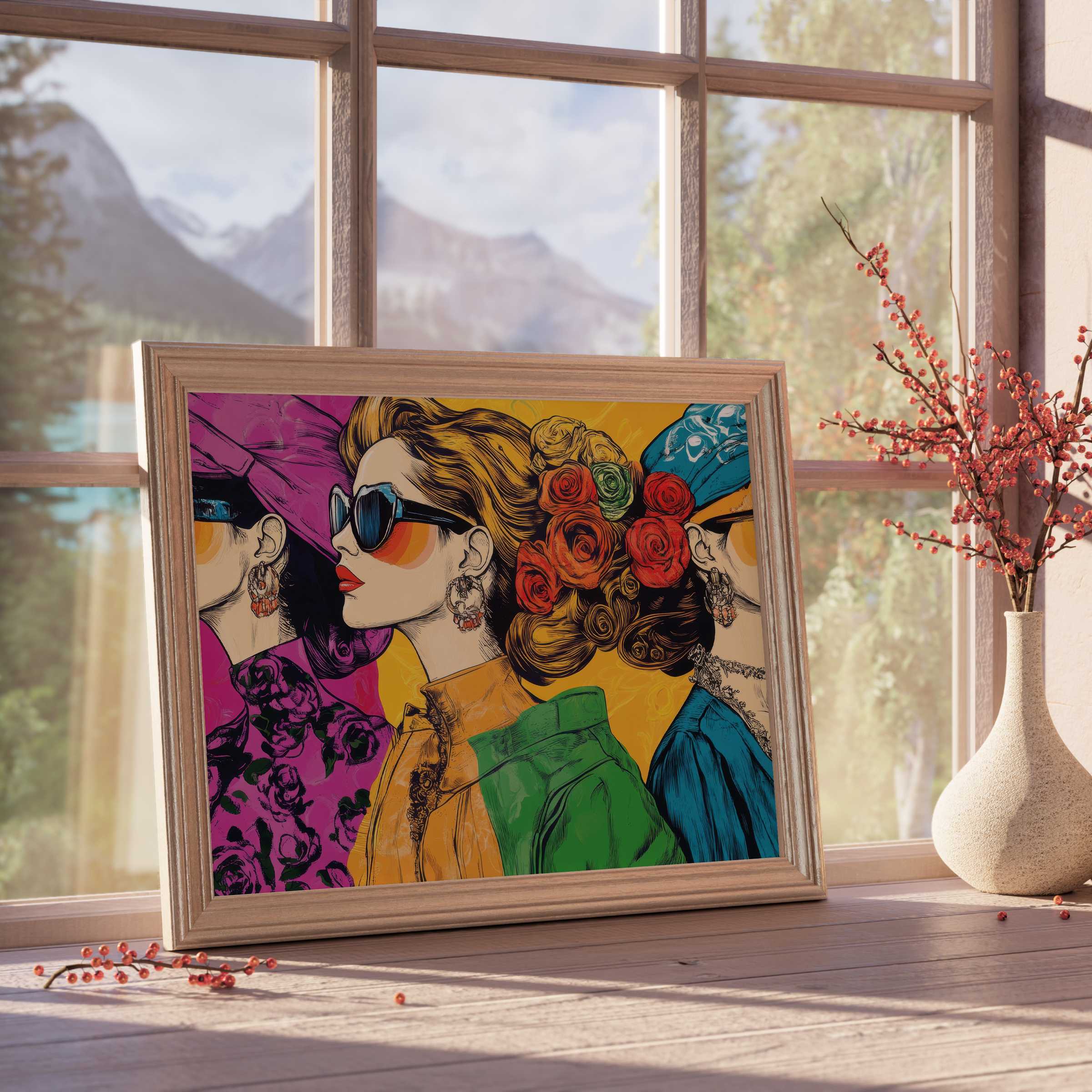 Vibrant pop art downloadable art showcasing three elegant women in bold hues, perfect for elevating curated, tranquil interiors