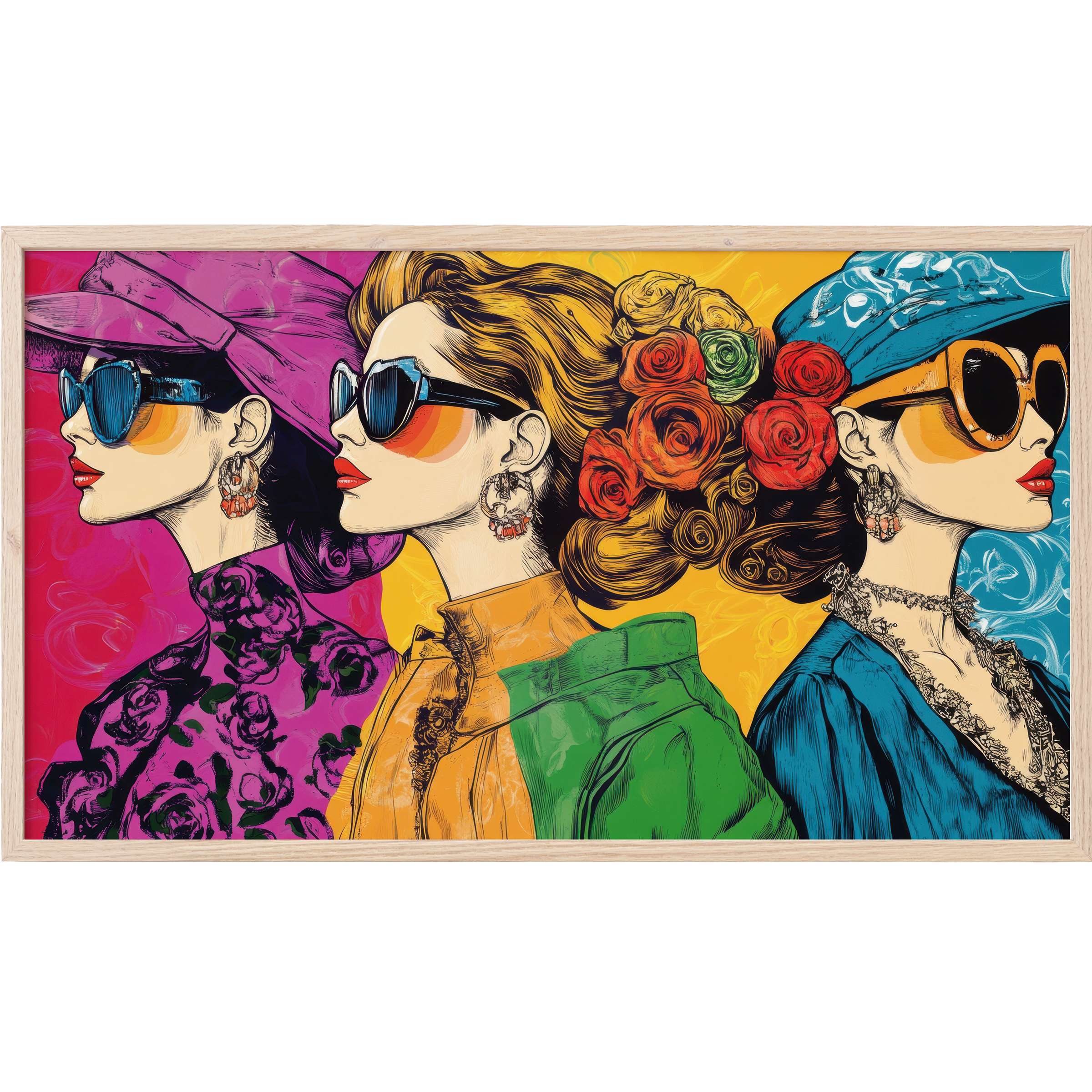 Bold pop art Frame TV Art featuring three stylish women in vibrant colors and intricate, modern linework