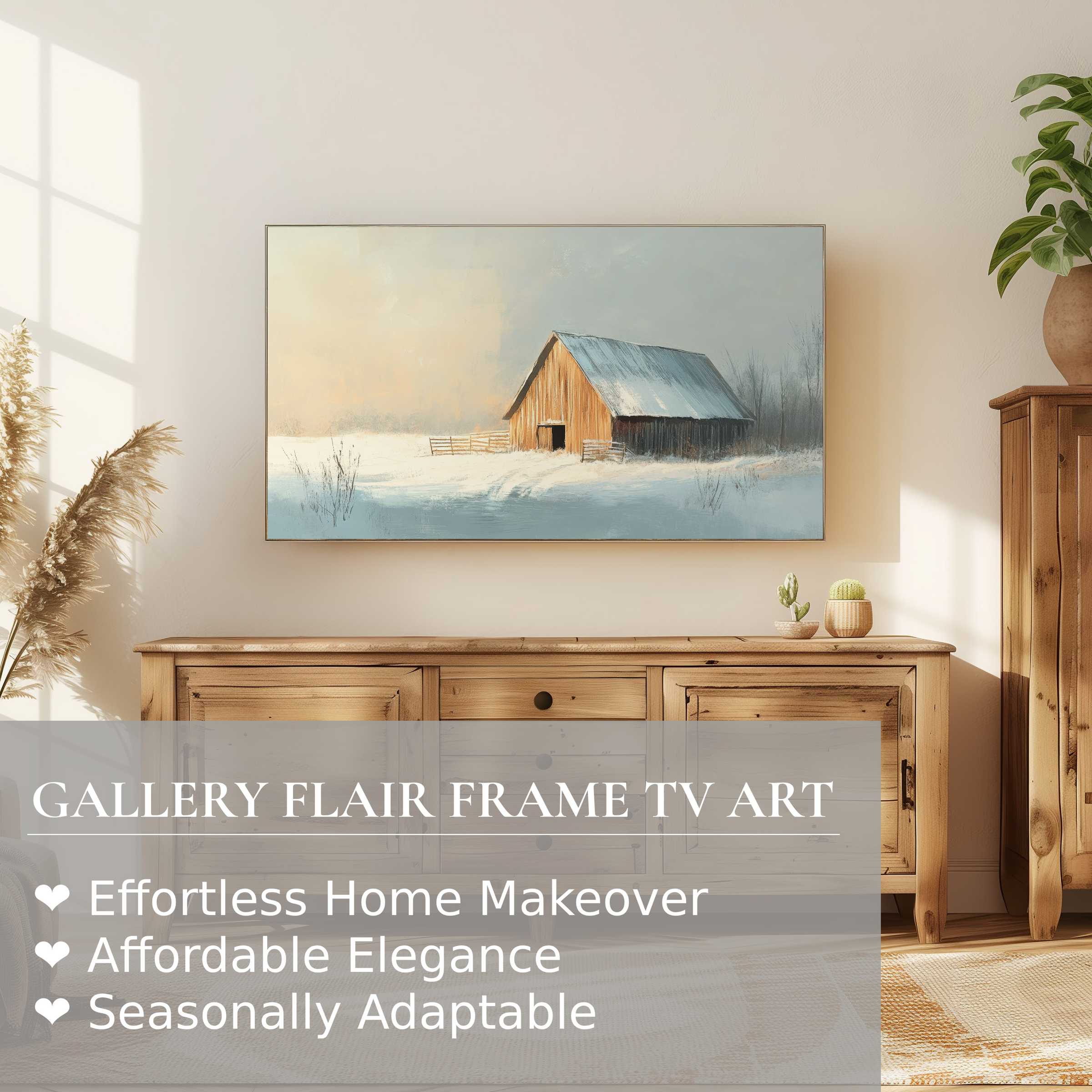Samsung Frame TV showing serene winter digital artwork of a rustic barn in soft, elegant home decor setting