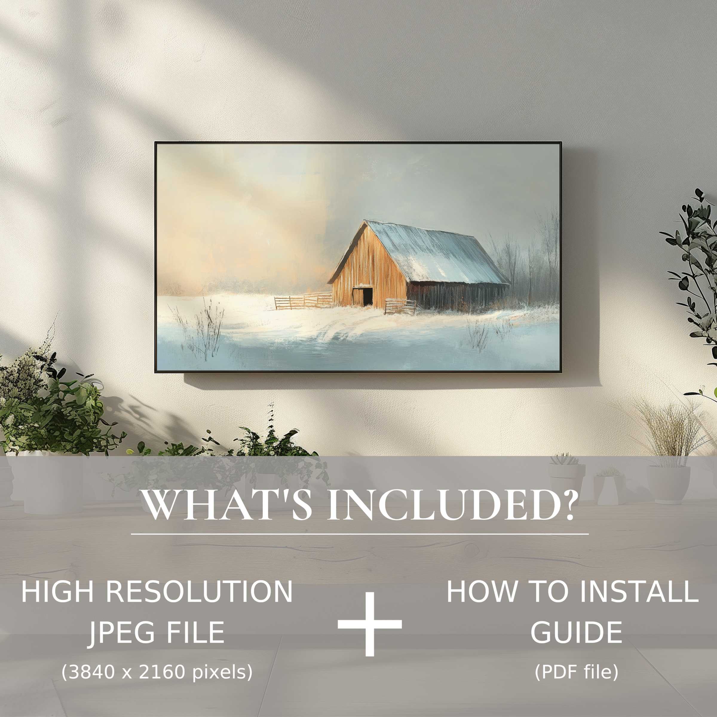 Winter digital TV art download featuring a serene barn scene, enhancing your space with effortless style and use