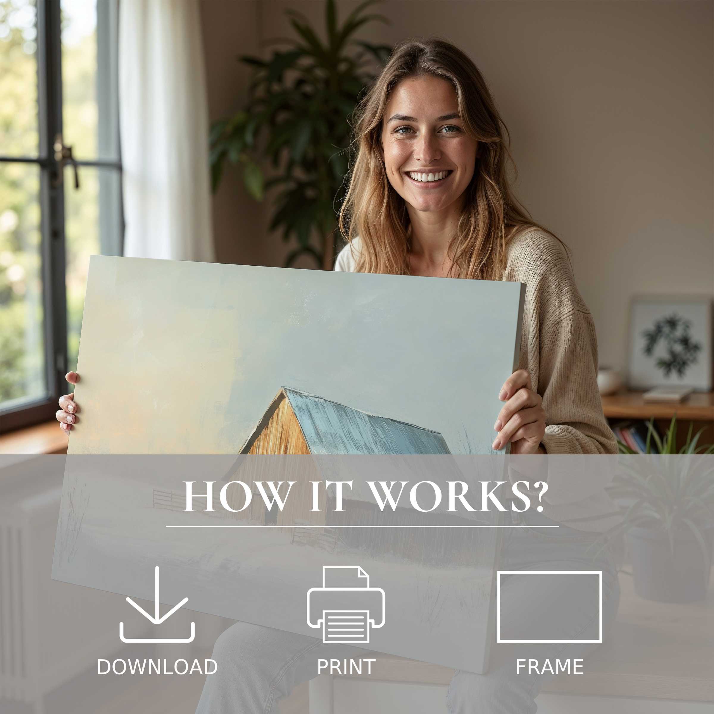 Radiant joy illuminates a modern home as a woman embraces a winter digital art print, transforming space with serene elegance