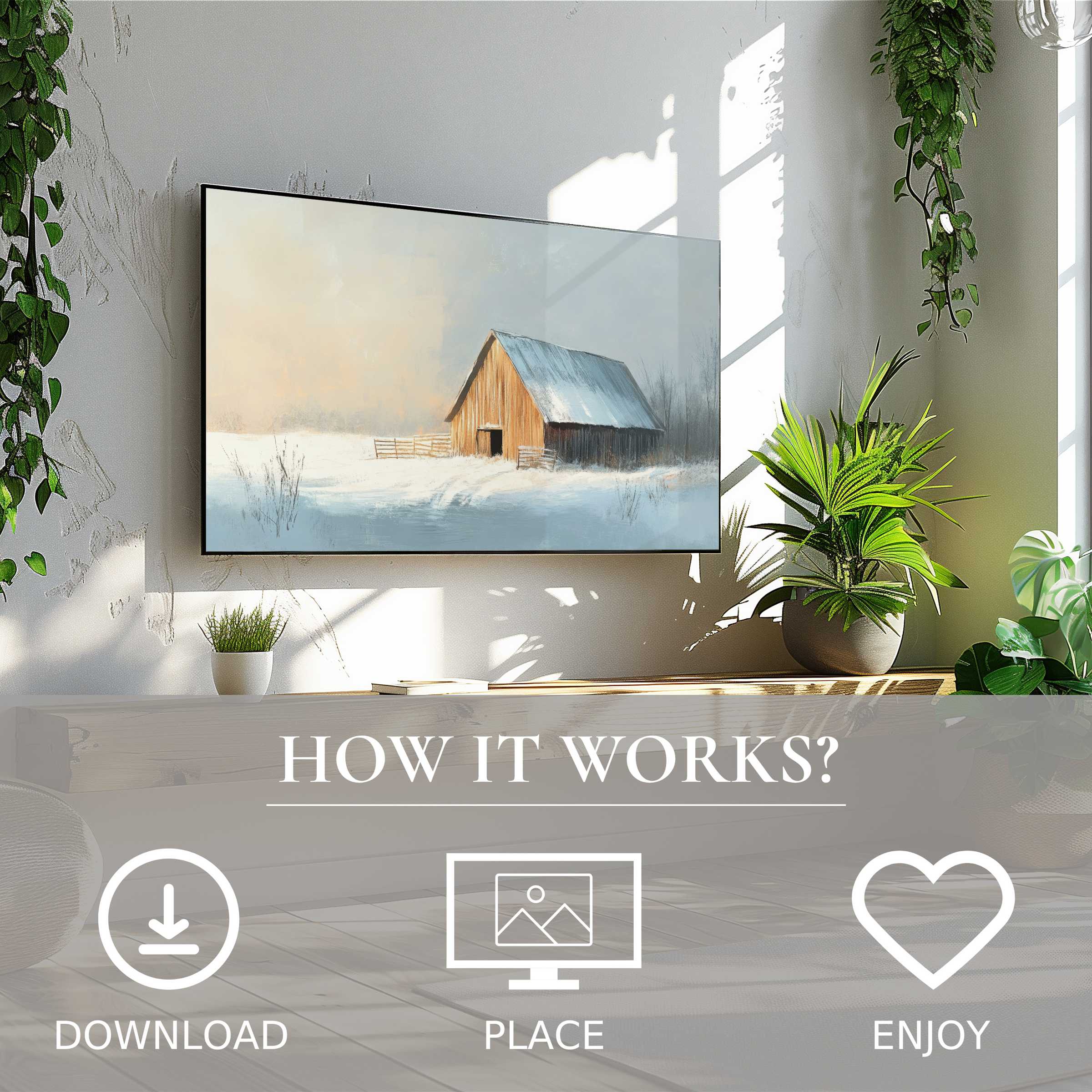 Winter art for Samsung TV shows a serene snowy barn scene; simple digital download enriches modern living rooms