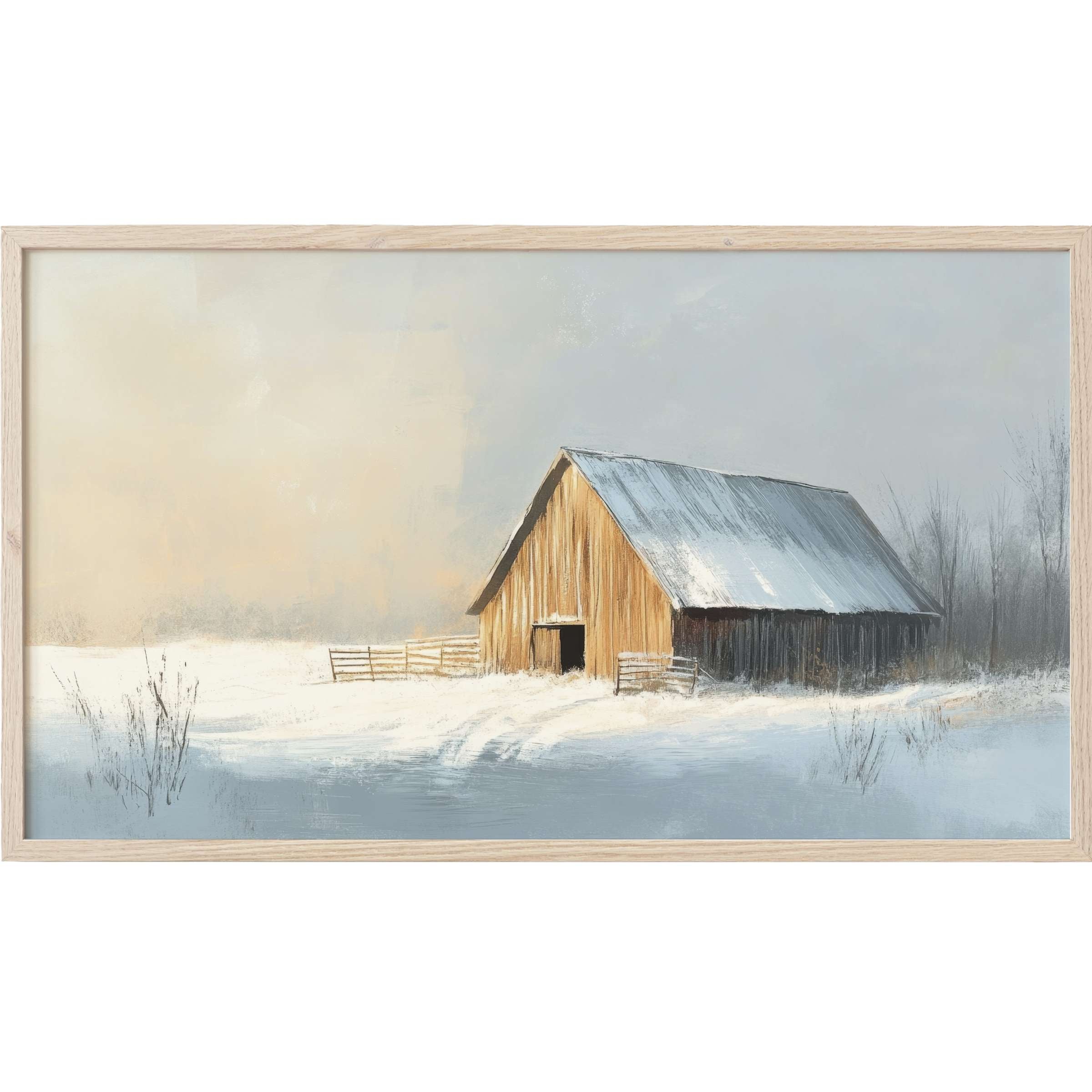 Winter Frame TV Art of a rustic barn with muted grays, soft whites, and warm wood tones in a serene snowy landscape