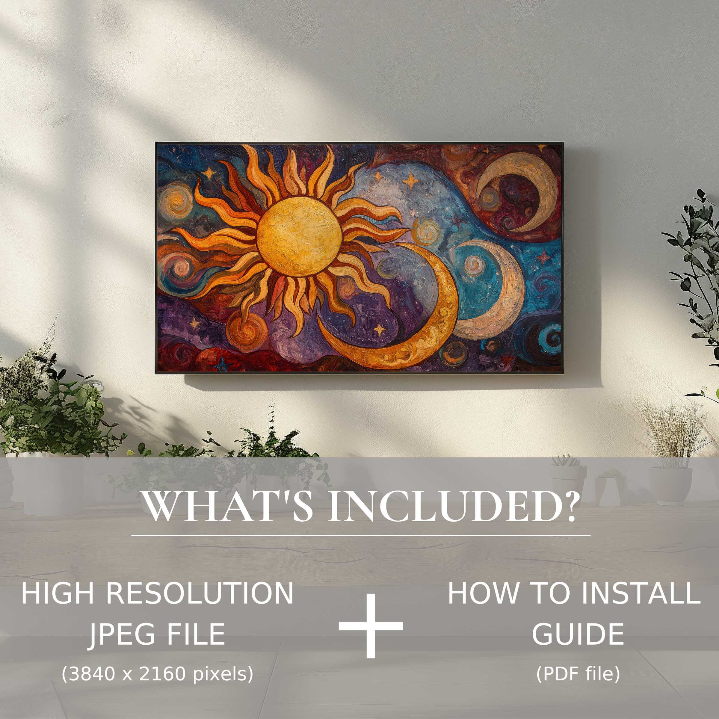 Boho digital TV art download showcasing sun and moon, easy to use, elevates modern living spaces with vibrant elegance