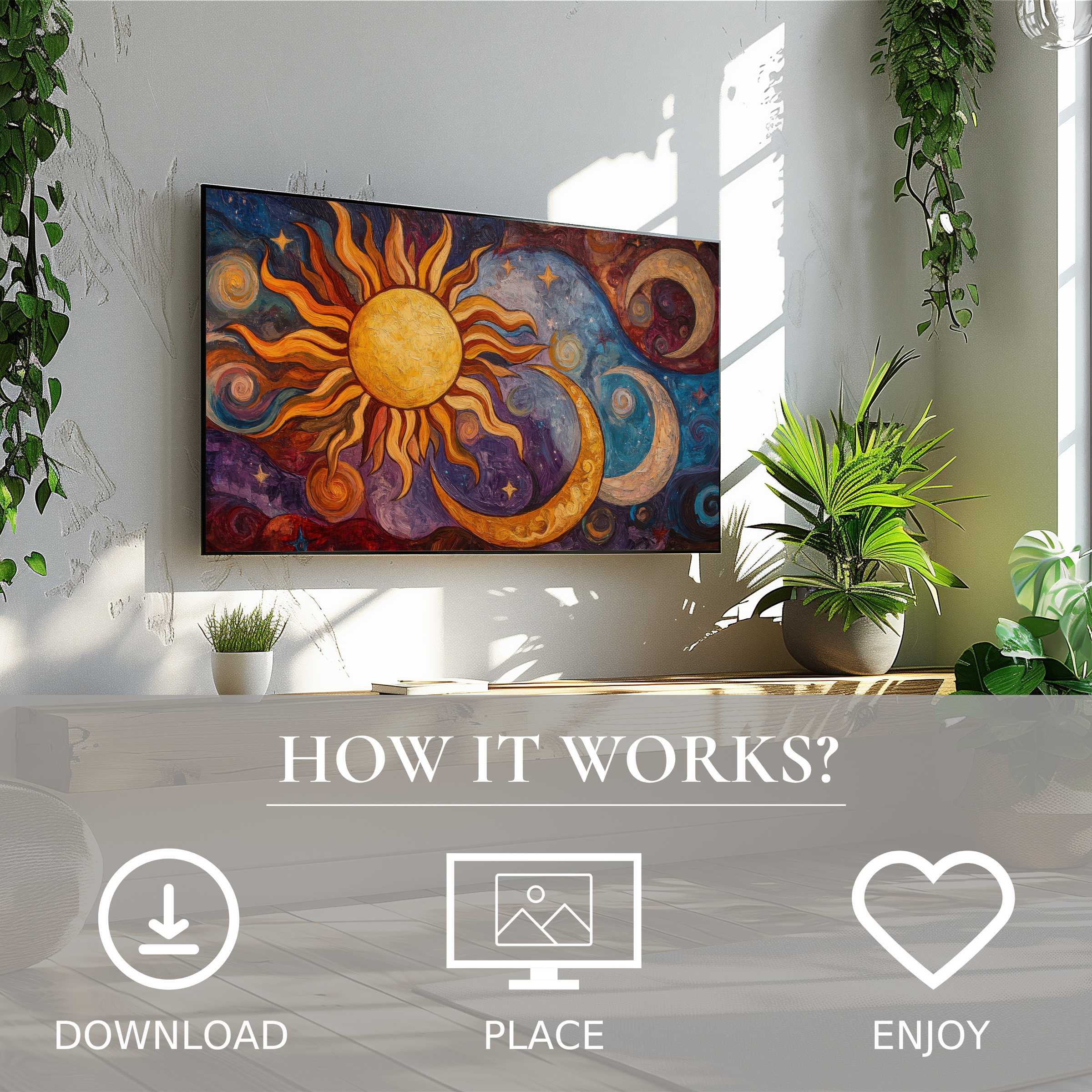 Living room with vibrant boho art for Samsung TV; abstract sun and moons in warm, flowing sunset tones; easy digital download