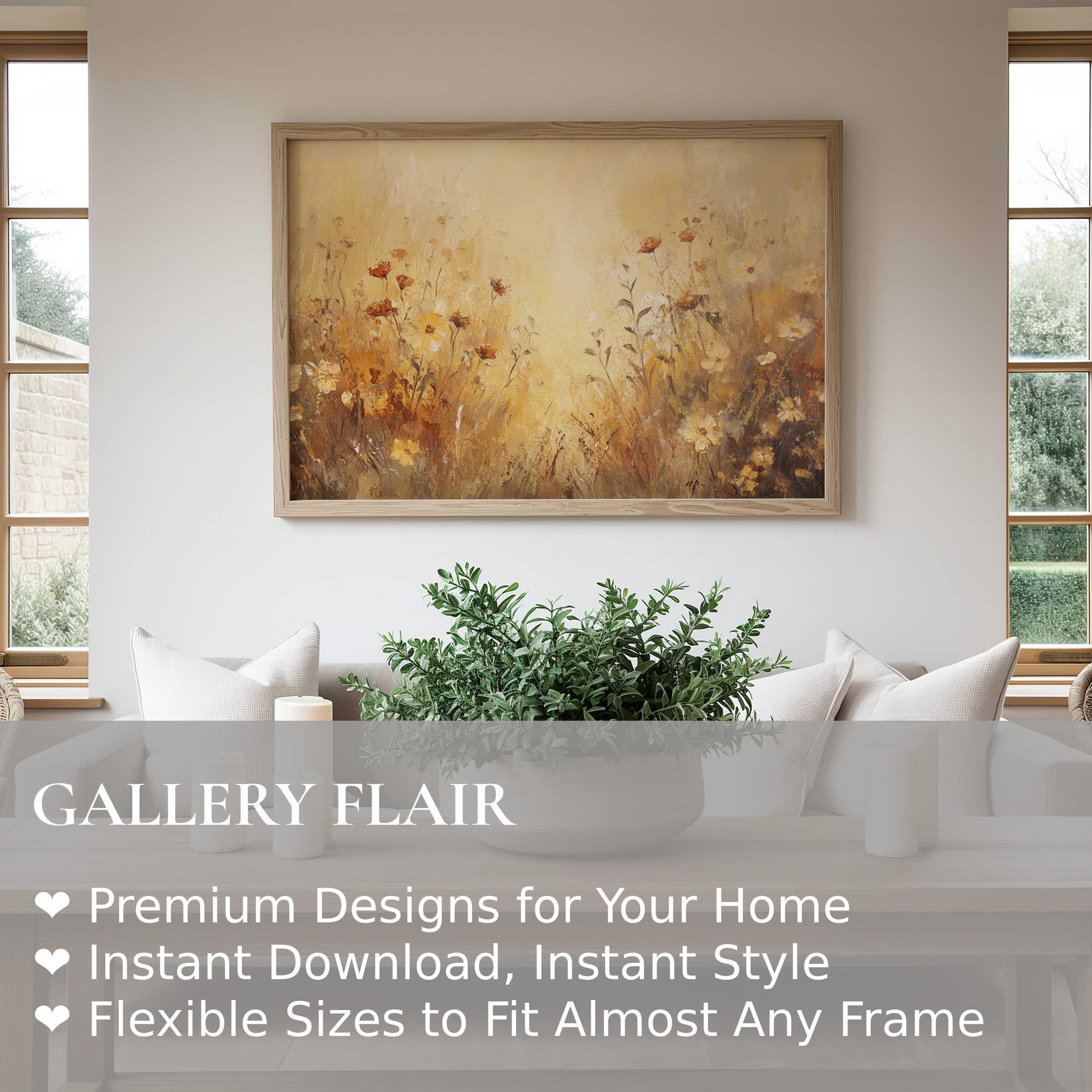 Fall wall art print featuring radiant wildflowers in warm amber and gold tones, enhancing a modern minimalist living room with natural elegance and cozy autumn charm