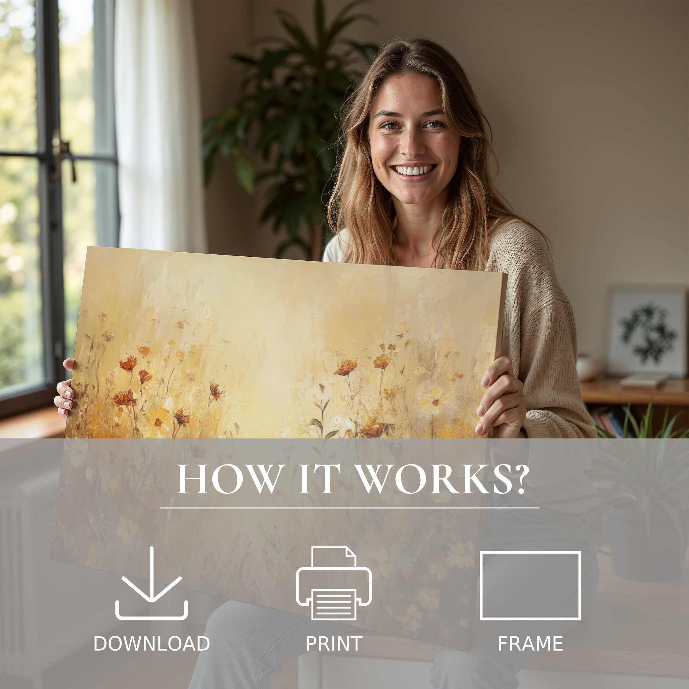 A joyful woman in a chic modern home cherishes a fall digital art print, embodying warmth and effortless elegance in living with art