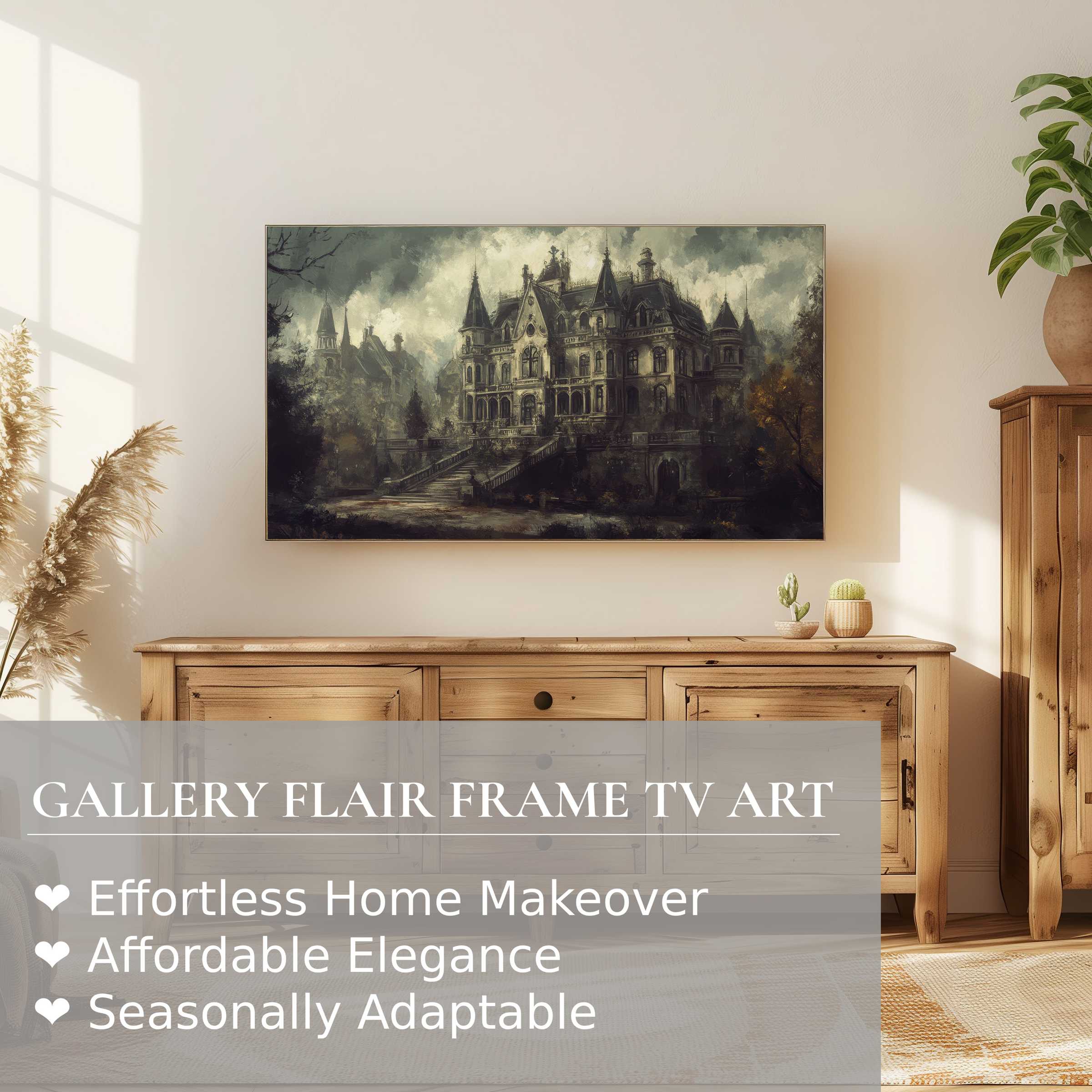 Samsung Frame TV displaying elegant halloween digital artwork of a gothic mansion in a cozy modern living room