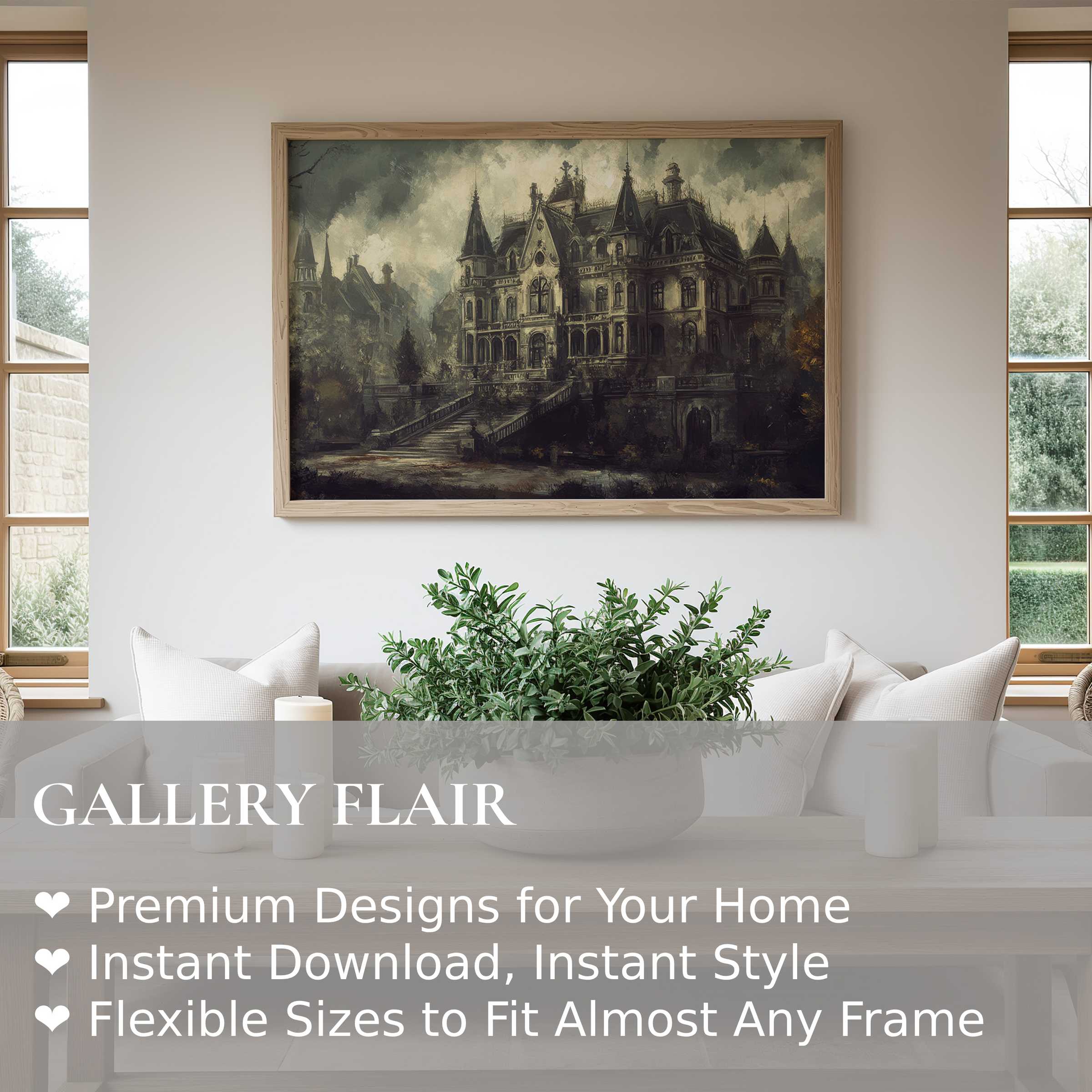 Halloween wall art print featuring a hauntingly elegant gothic mansion in moody tones, enhancing minimalist modern interiors with bold, atmospheric charm
