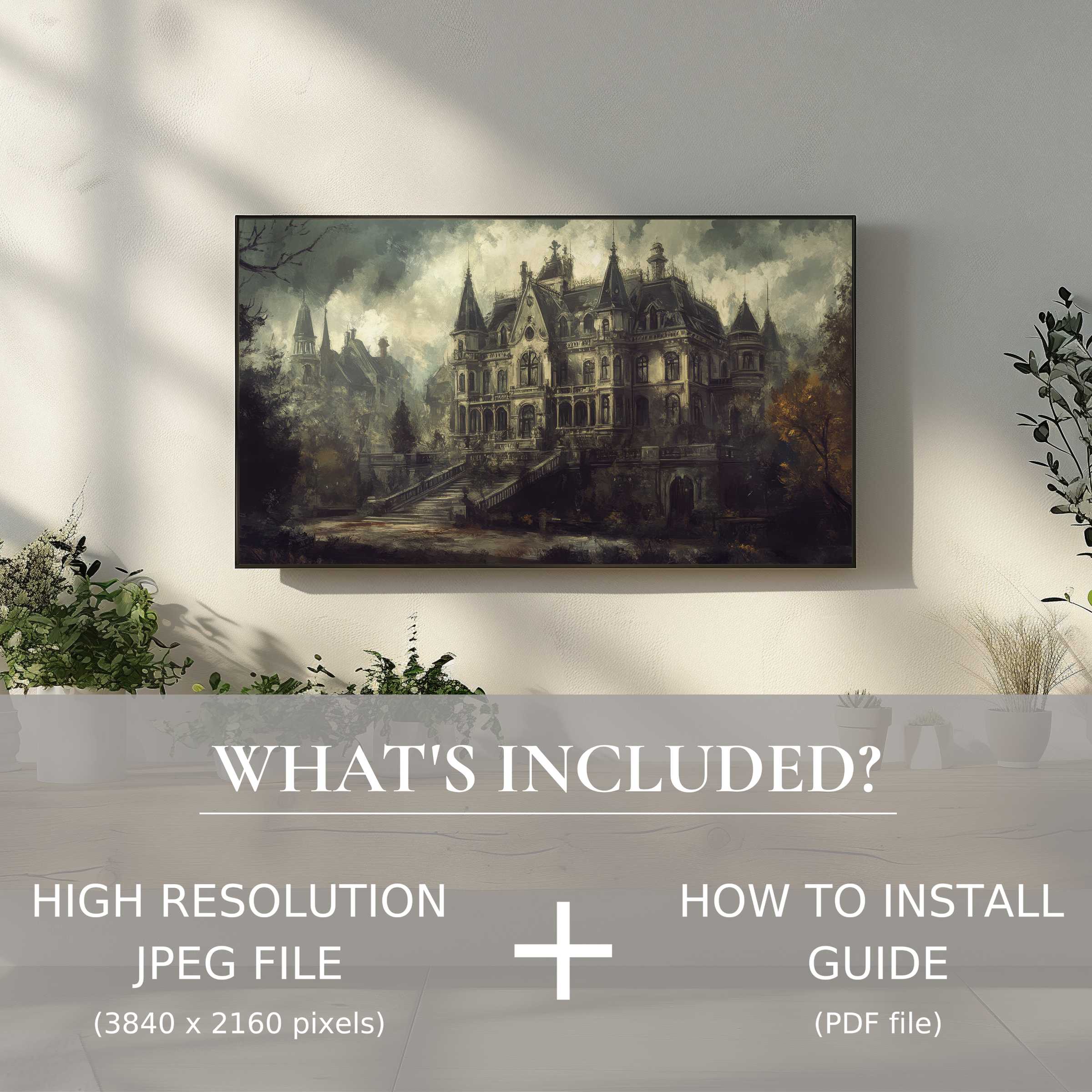 Elegant living room enhanced by a halloween digital TV art download, effortlessly elevating ambiance with easy digital use