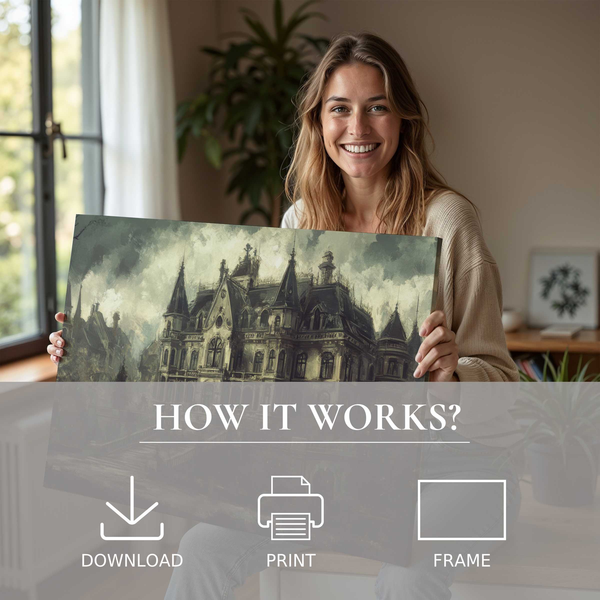 Refined woman radiates joy as she brings a haunting Halloween digital art print to life, adding timeless elegance to her modern home
