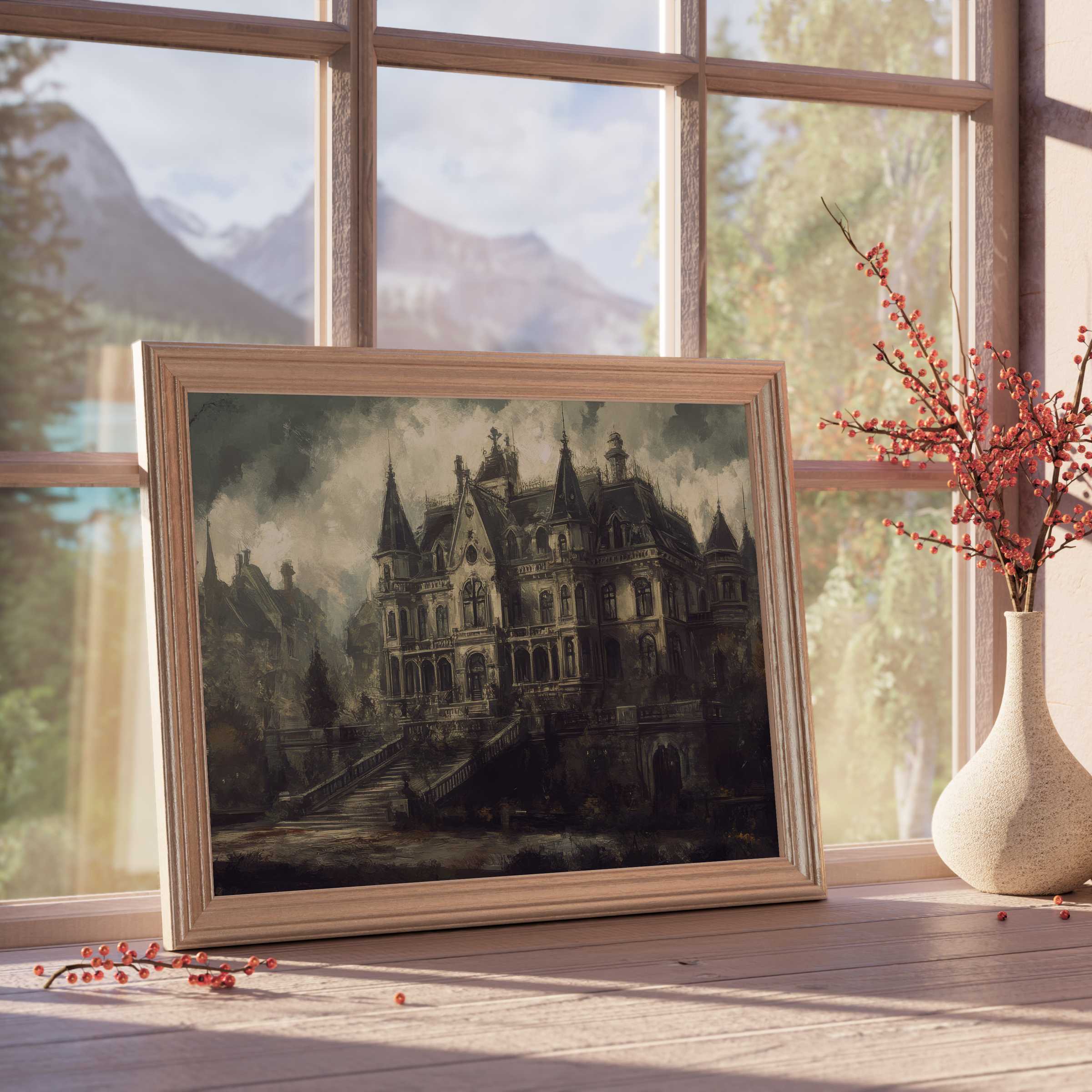 Hauntingly elegant Halloween downloadable art featuring a gothic mansion, perfect for curated, tranquil interiors