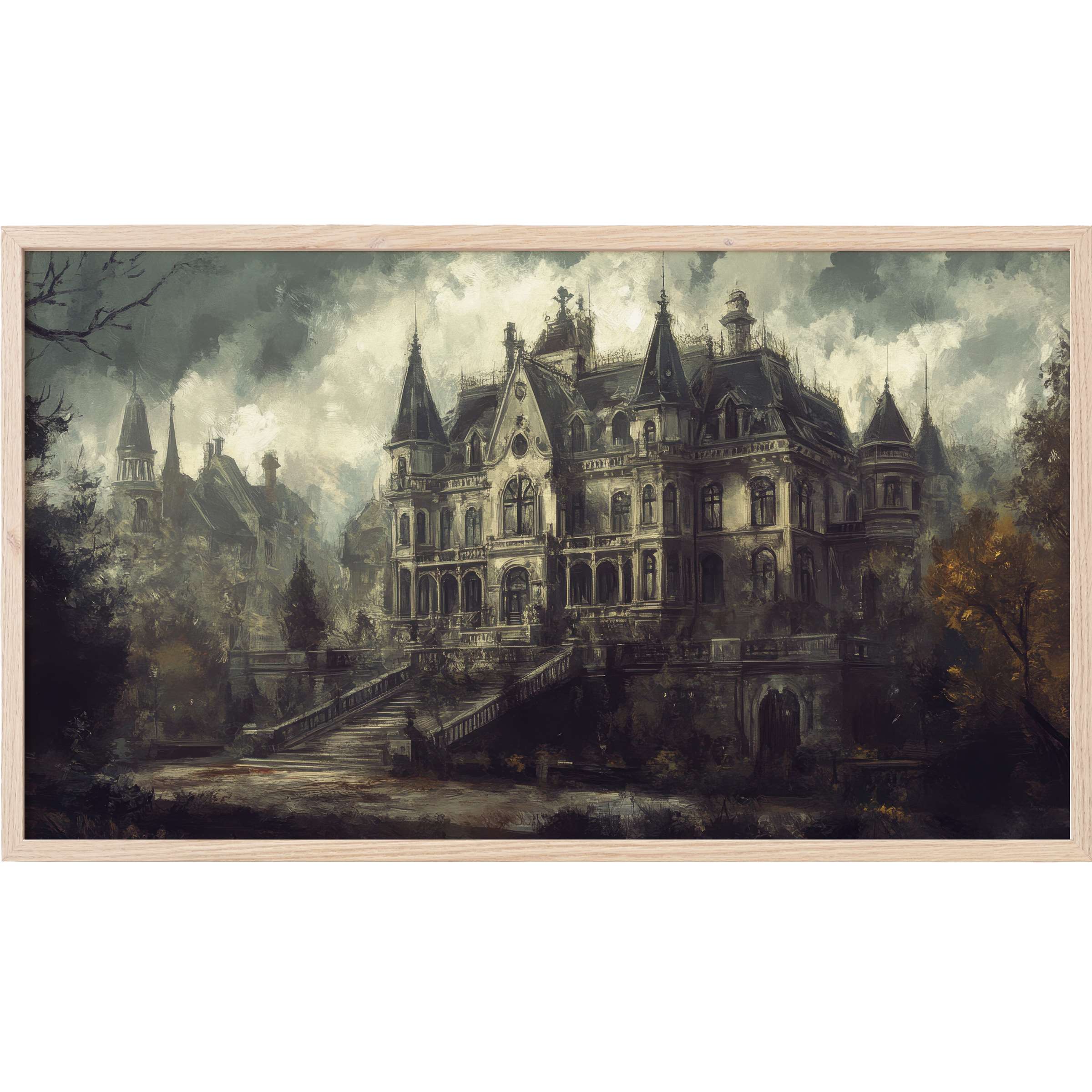 Elegant haunted mansion in muted grays and ochres, gothic details evoke mystery and allure, halloween Frame TV Art