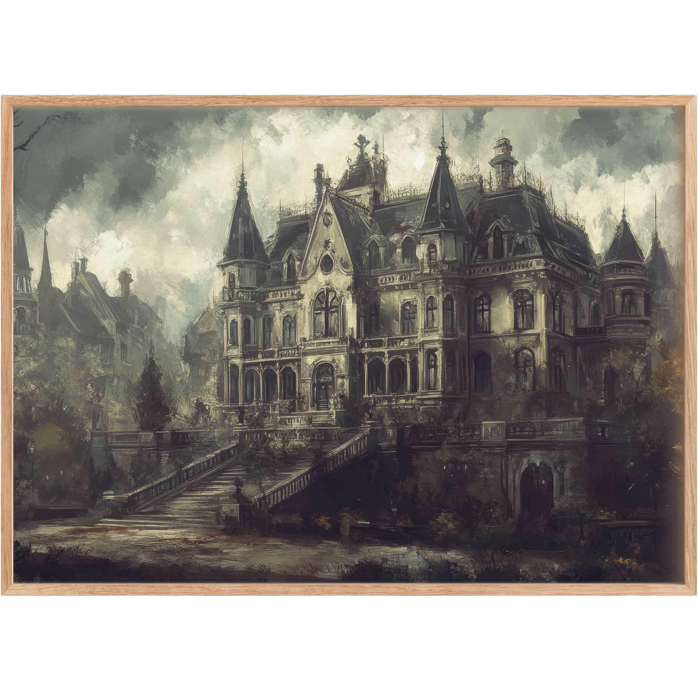 Gothic elegance meets eerie mystique in this Halloween printable wall art, with smoky greys and deep shadows creating a haunting, dramatic ambiance